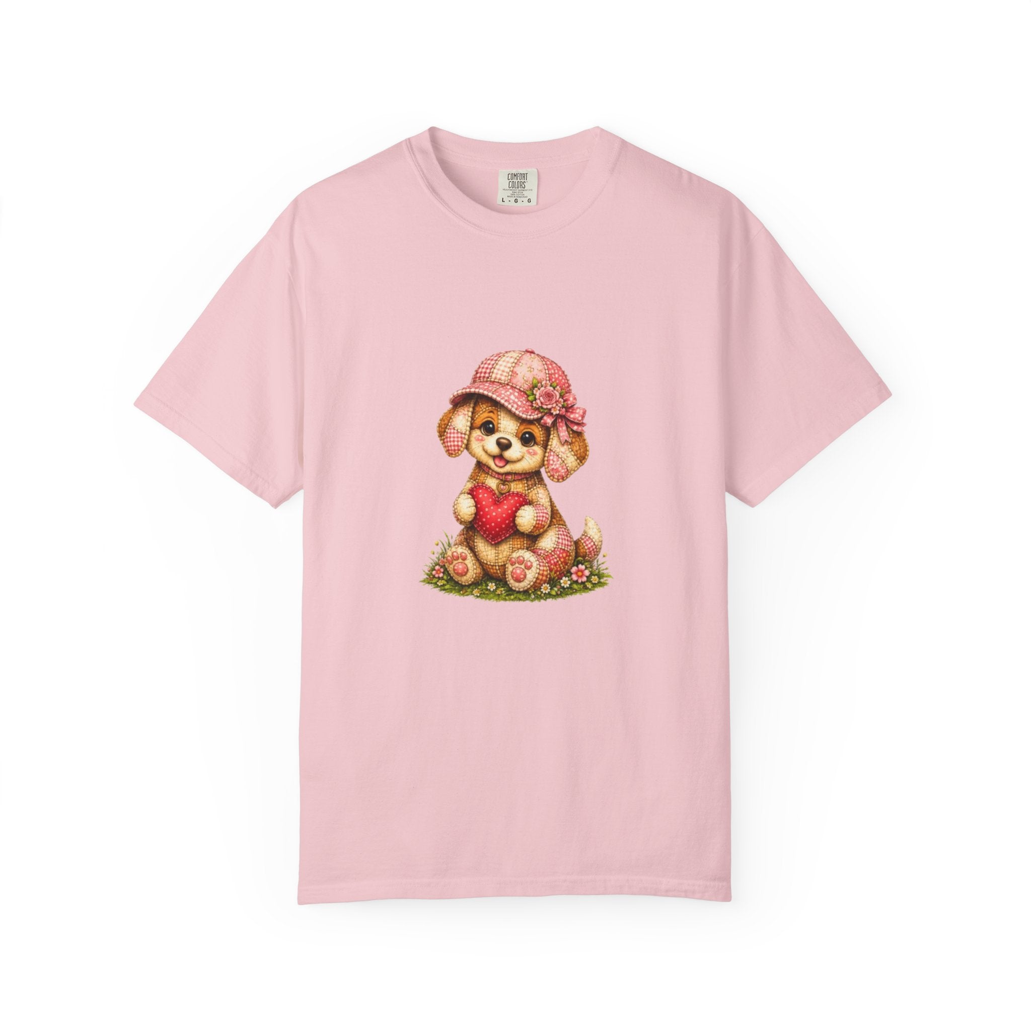 Cute Puppy Holding Heart T-shirt | Floral Hat Valentine Design