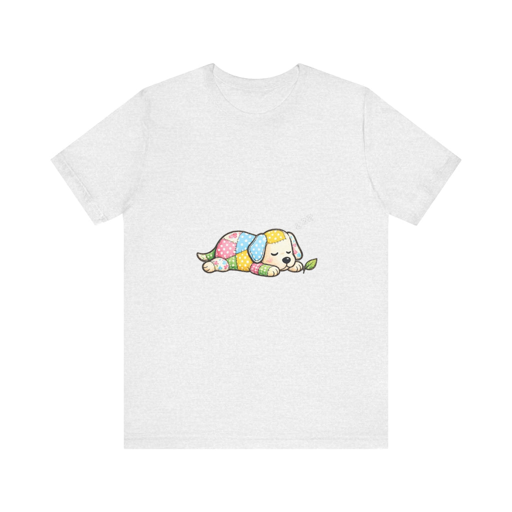 Patchwork Puppy Sleeping Tee | Cute Dog Illustration, Pastel Patchwork
