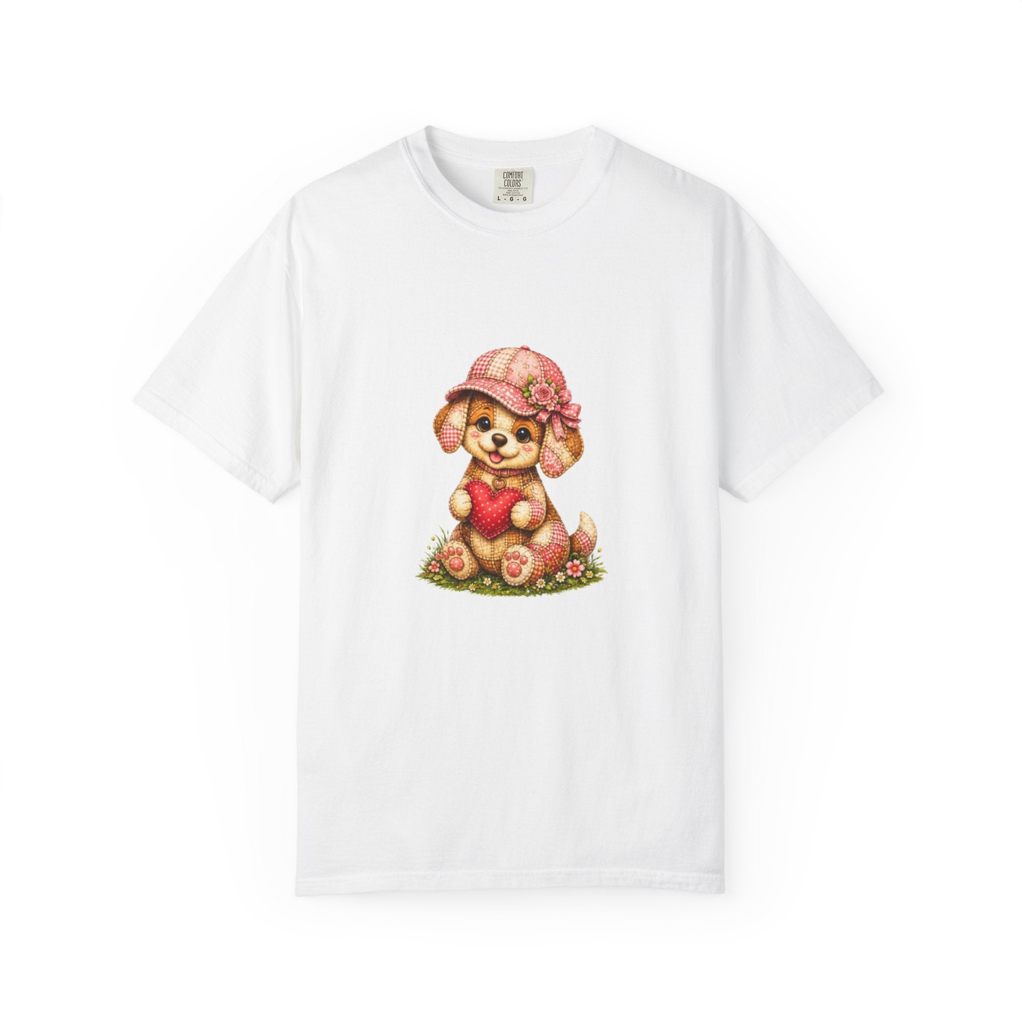 Cute Puppy Holding Heart T-shirt | Floral Hat Valentine Design
