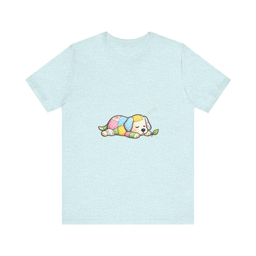 Patchwork Puppy Sleeping Tee | Cute Dog Illustration, Pastel Patchwork
