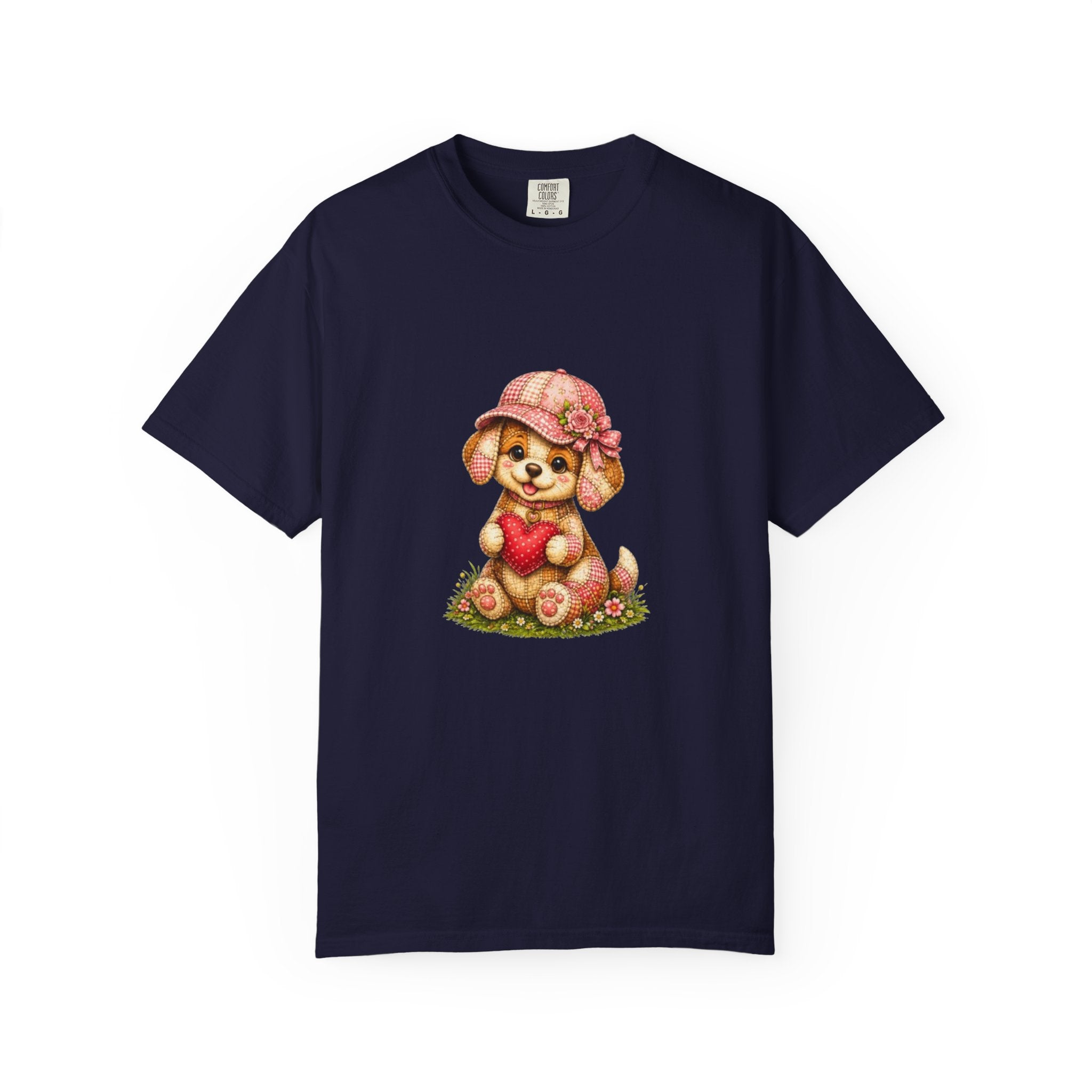 Cute Puppy Holding Heart T-shirt | Floral Hat Valentine Design