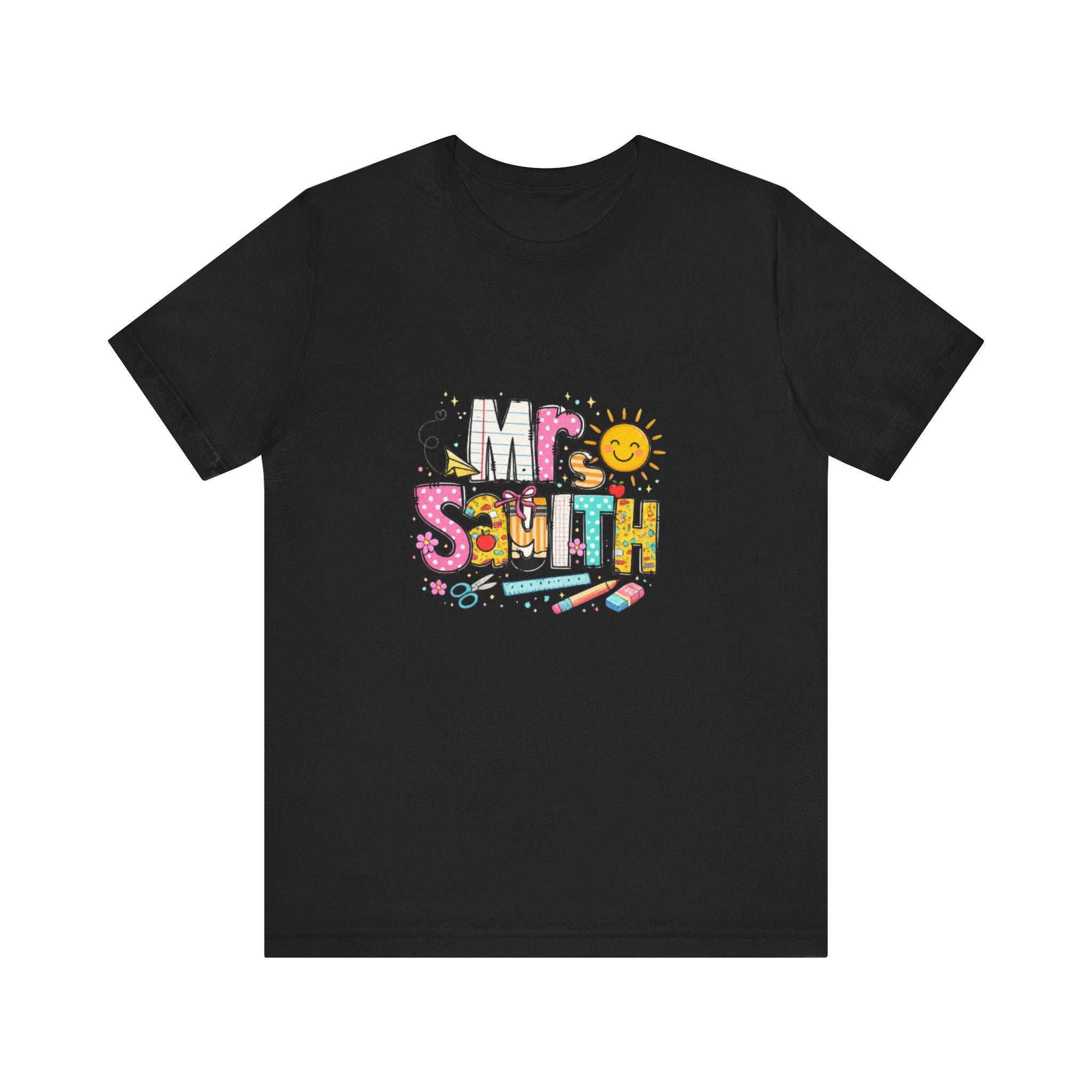 Mrs Smith name graphic Tee | colorful school supplies illustration