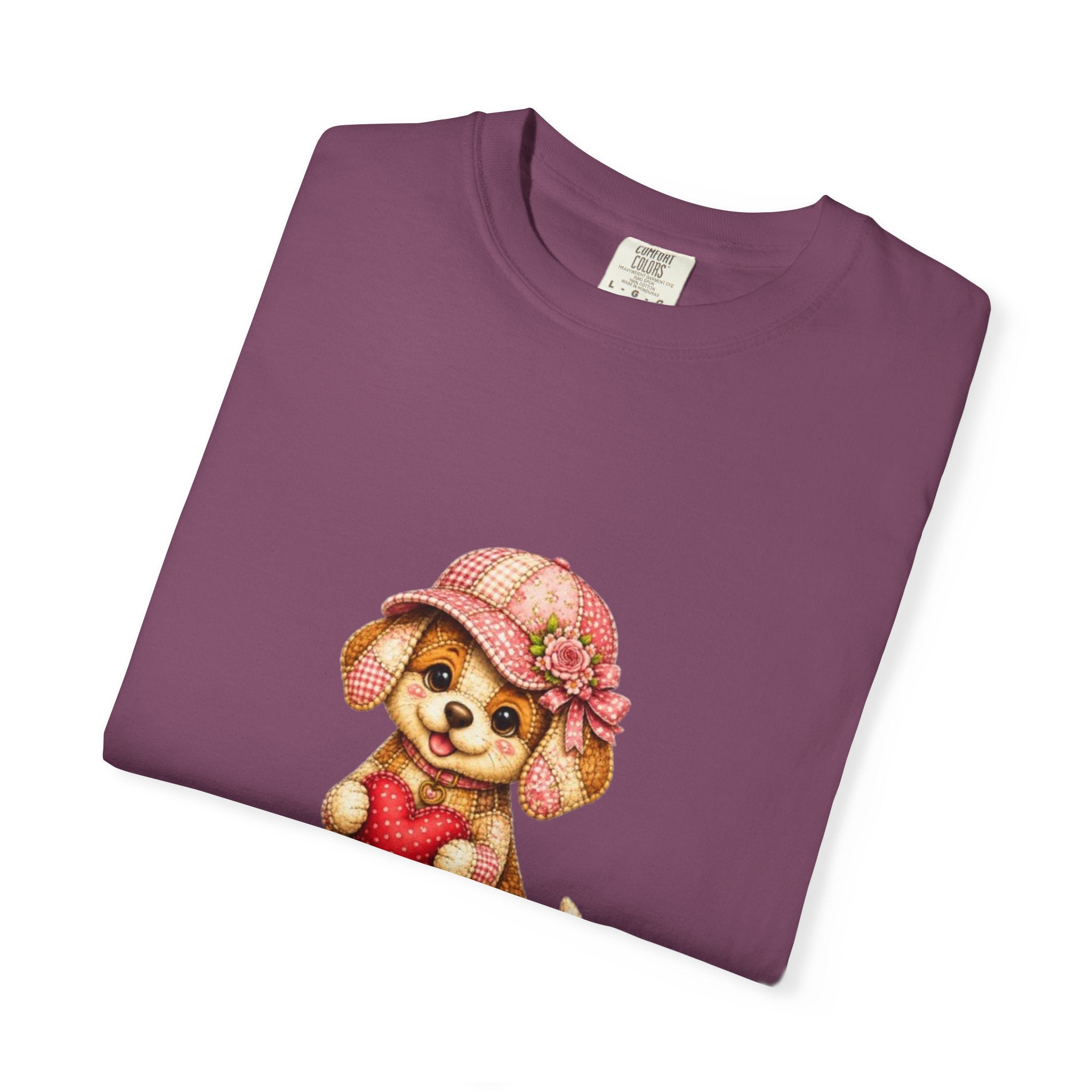 Cute Puppy Holding Heart T-shirt | Floral Hat Valentine Design