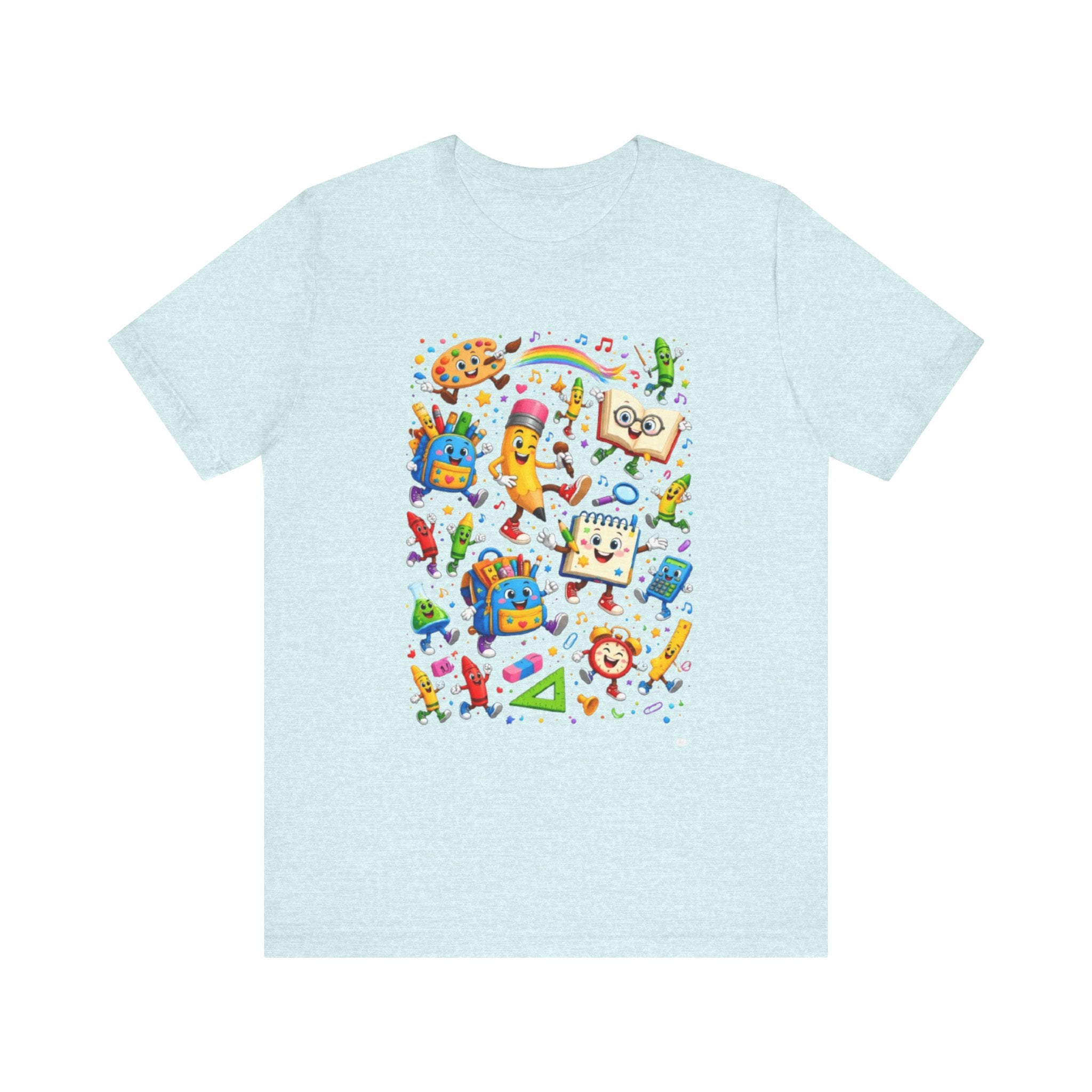 Colorful School Supplies Pattern Tee | Cute Backpack Pencil Ruler Design