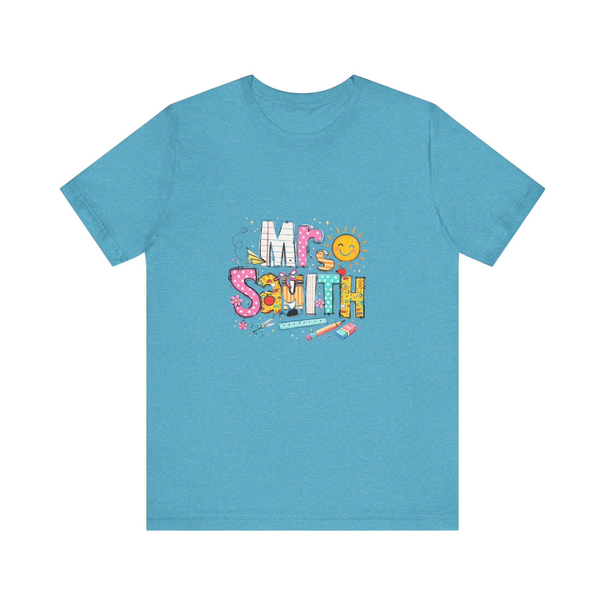Mrs Smith name graphic Tee | colorful school supplies illustration