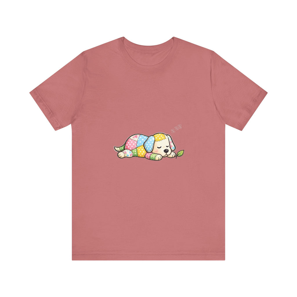Patchwork Puppy Sleeping Tee | Cute Dog Illustration, Pastel Patchwork