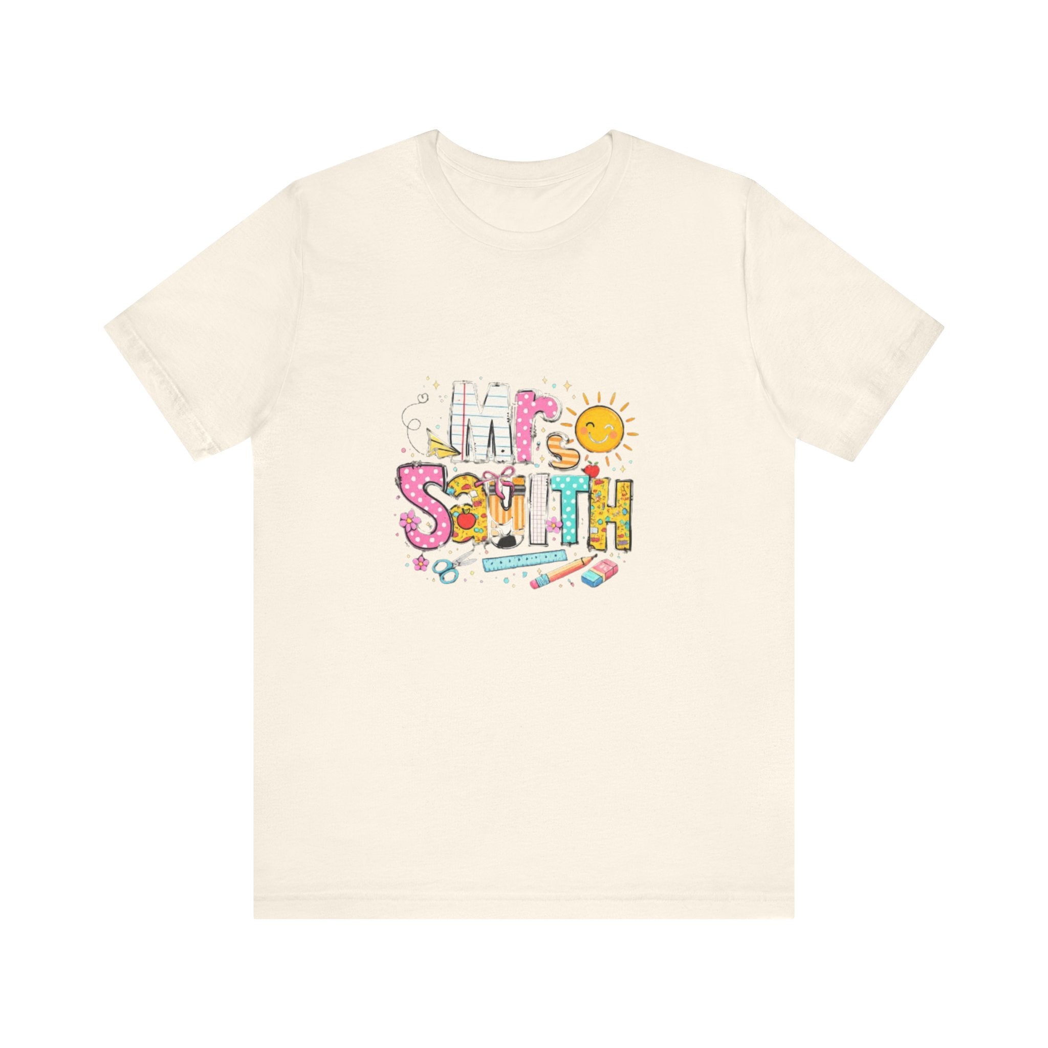 Mrs Smith name graphic Tee | colorful school supplies illustration
