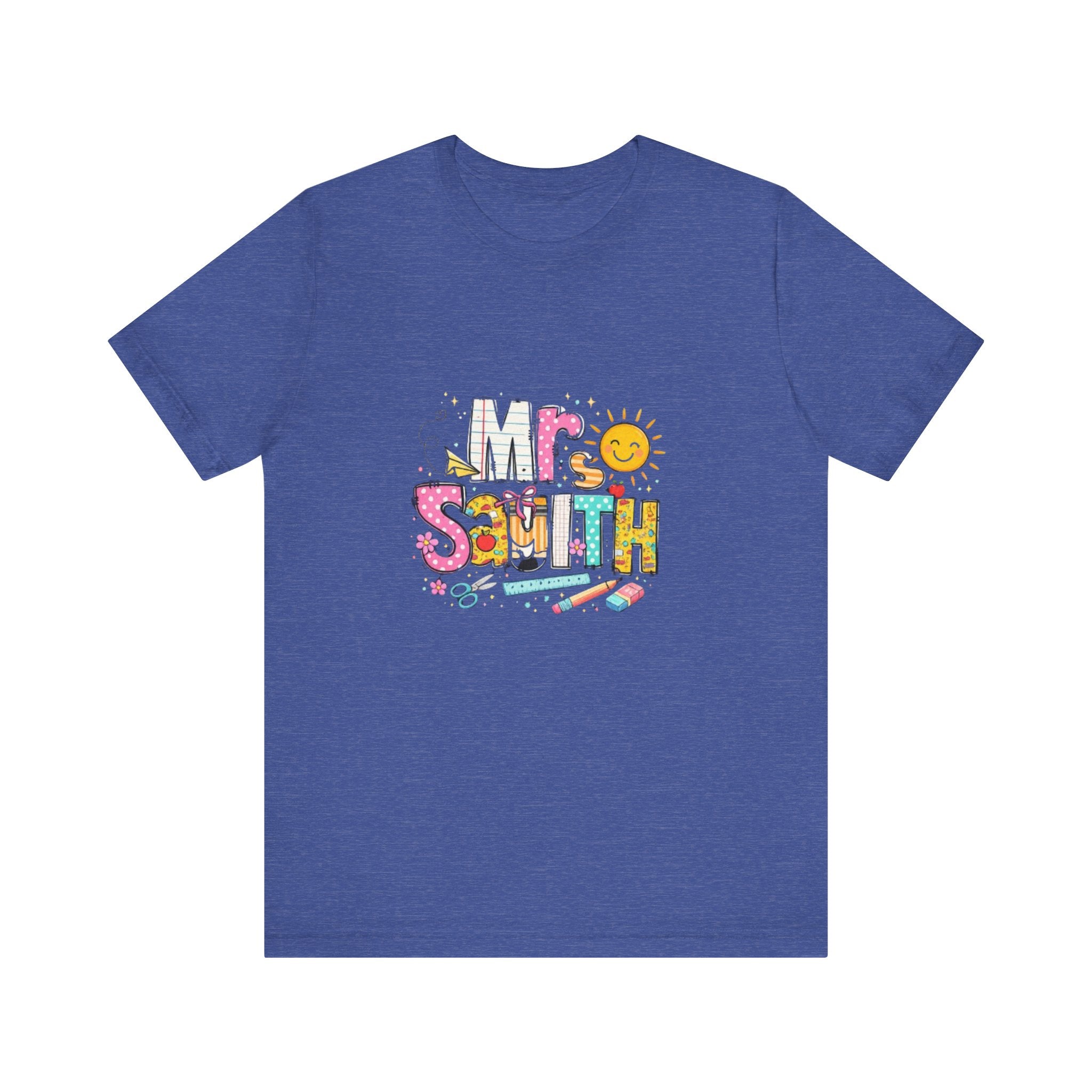 Mrs Smith name graphic Tee | colorful school supplies illustration