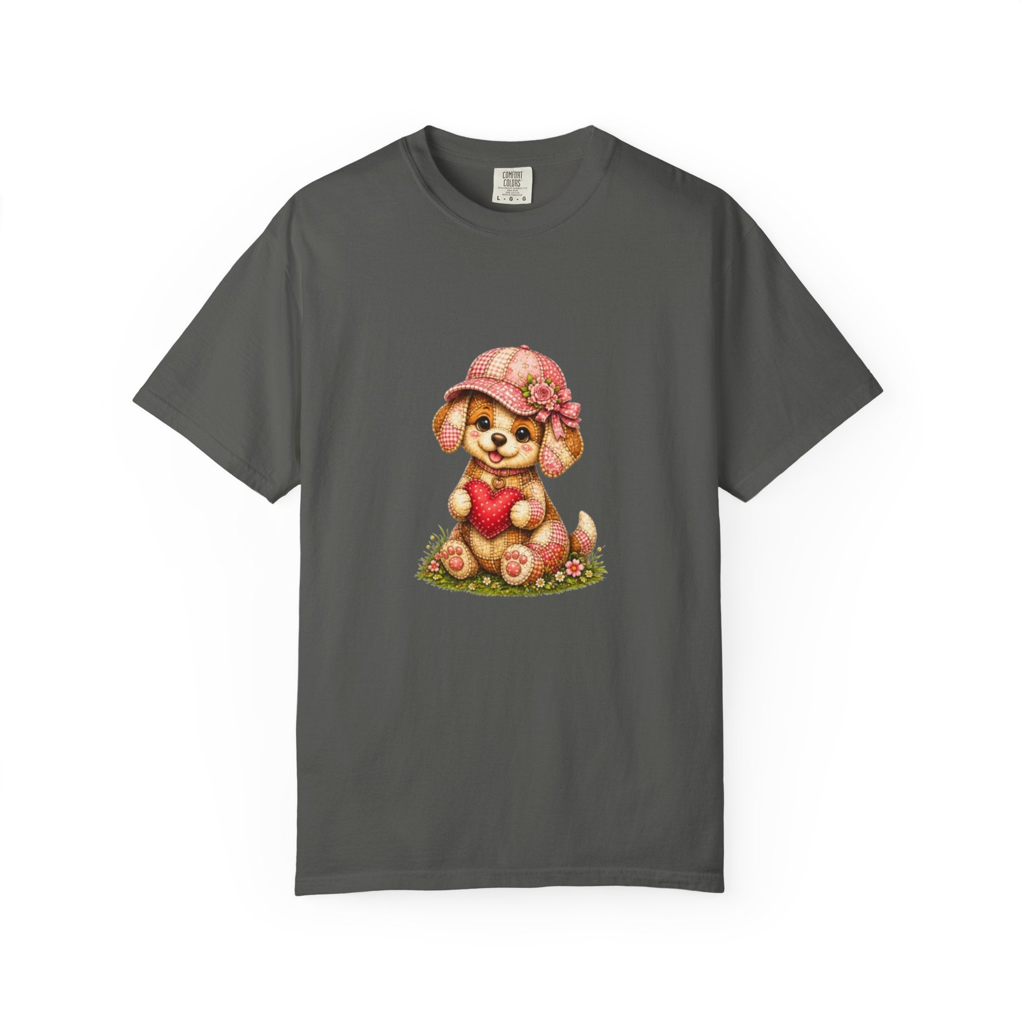 Cute Puppy Holding Heart T-shirt | Floral Hat Valentine Design