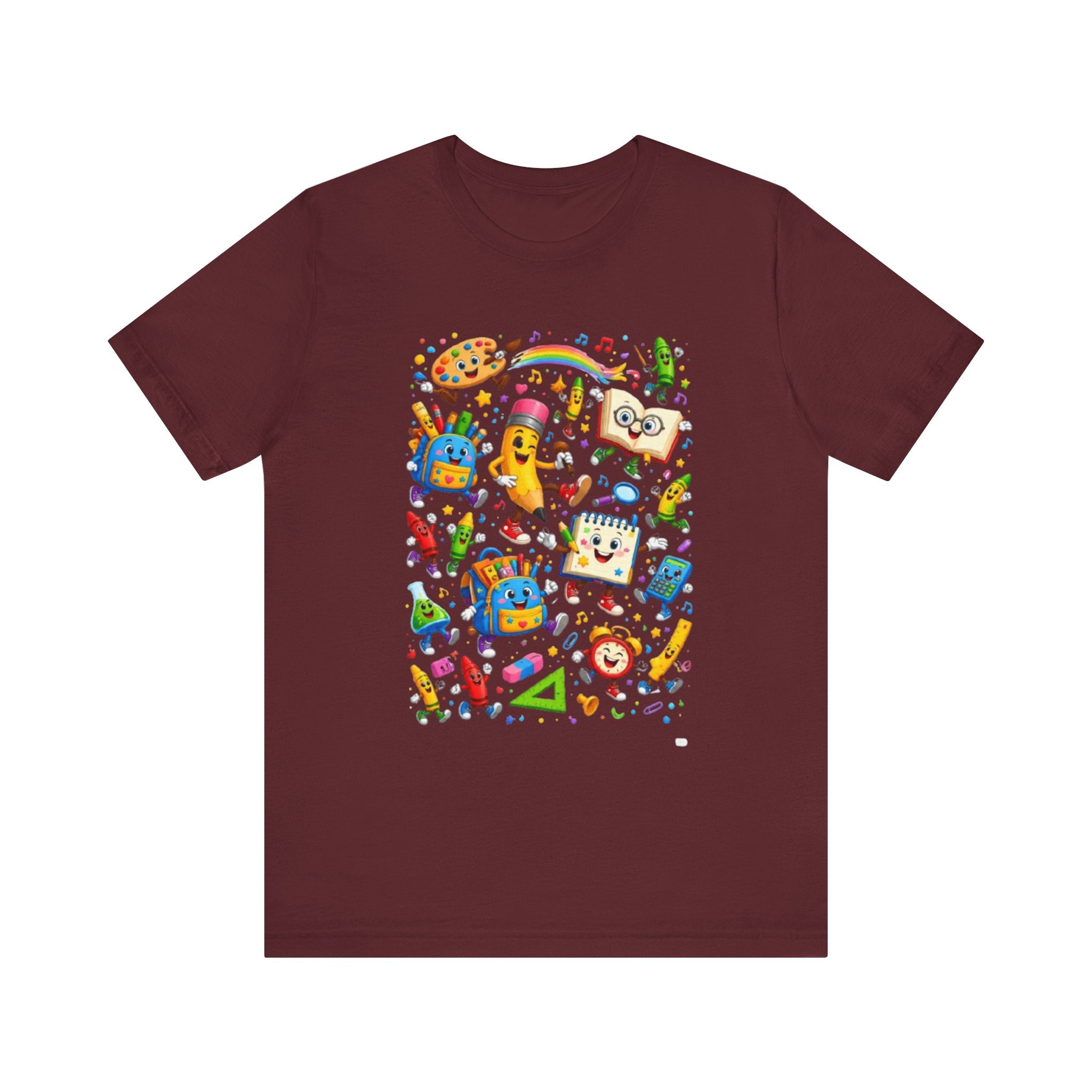 Colorful School Supplies Pattern Tee | Cute Backpack Pencil Ruler Design