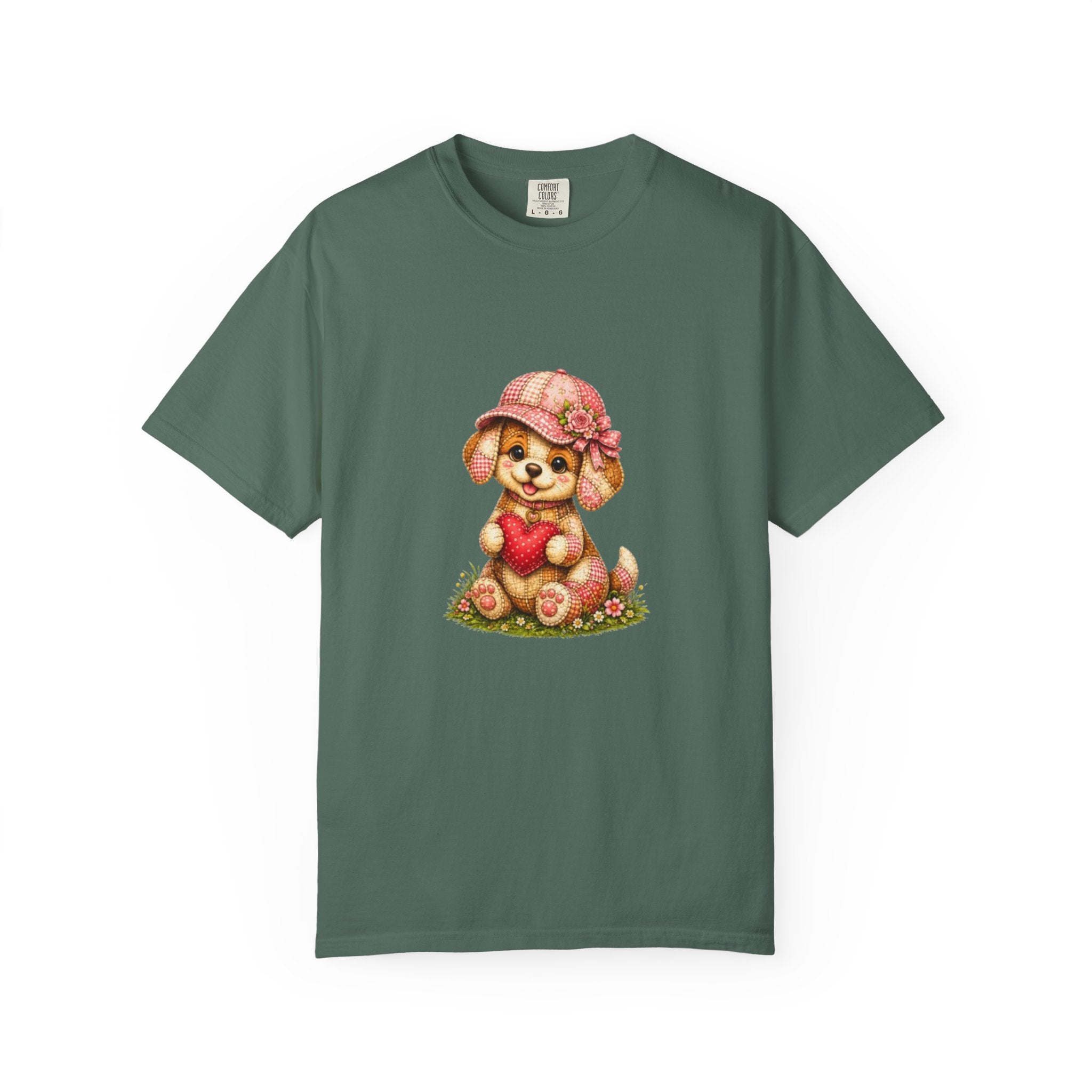 Cute Puppy Holding Heart T-shirt | Floral Hat Valentine Design