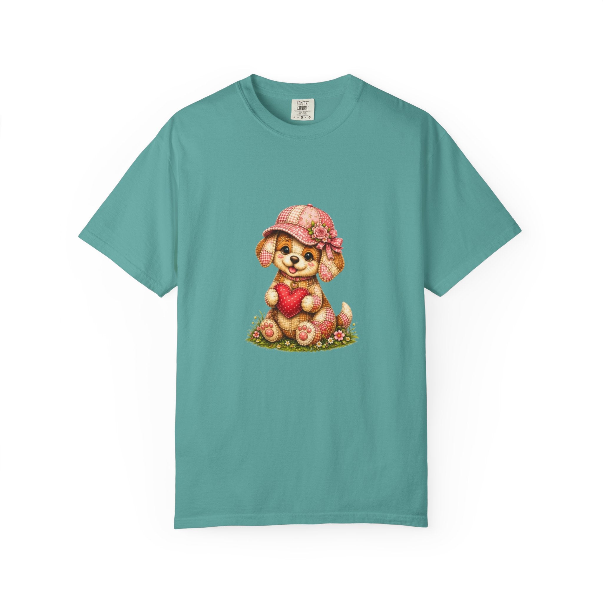 Cute Puppy Holding Heart T-shirt | Floral Hat Valentine Design