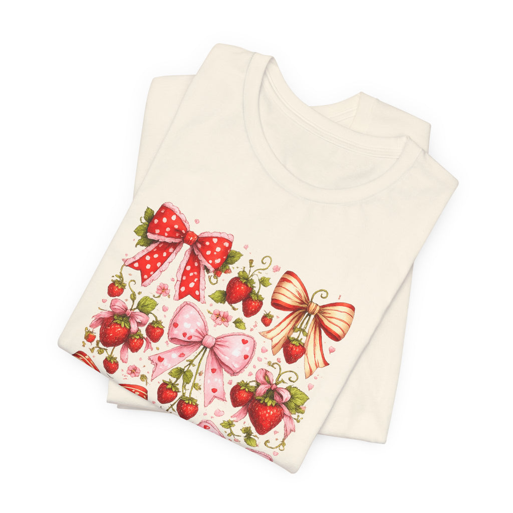 Strawberry Bow Pattern Tee | Cute Fruit and Ribbon Illustration