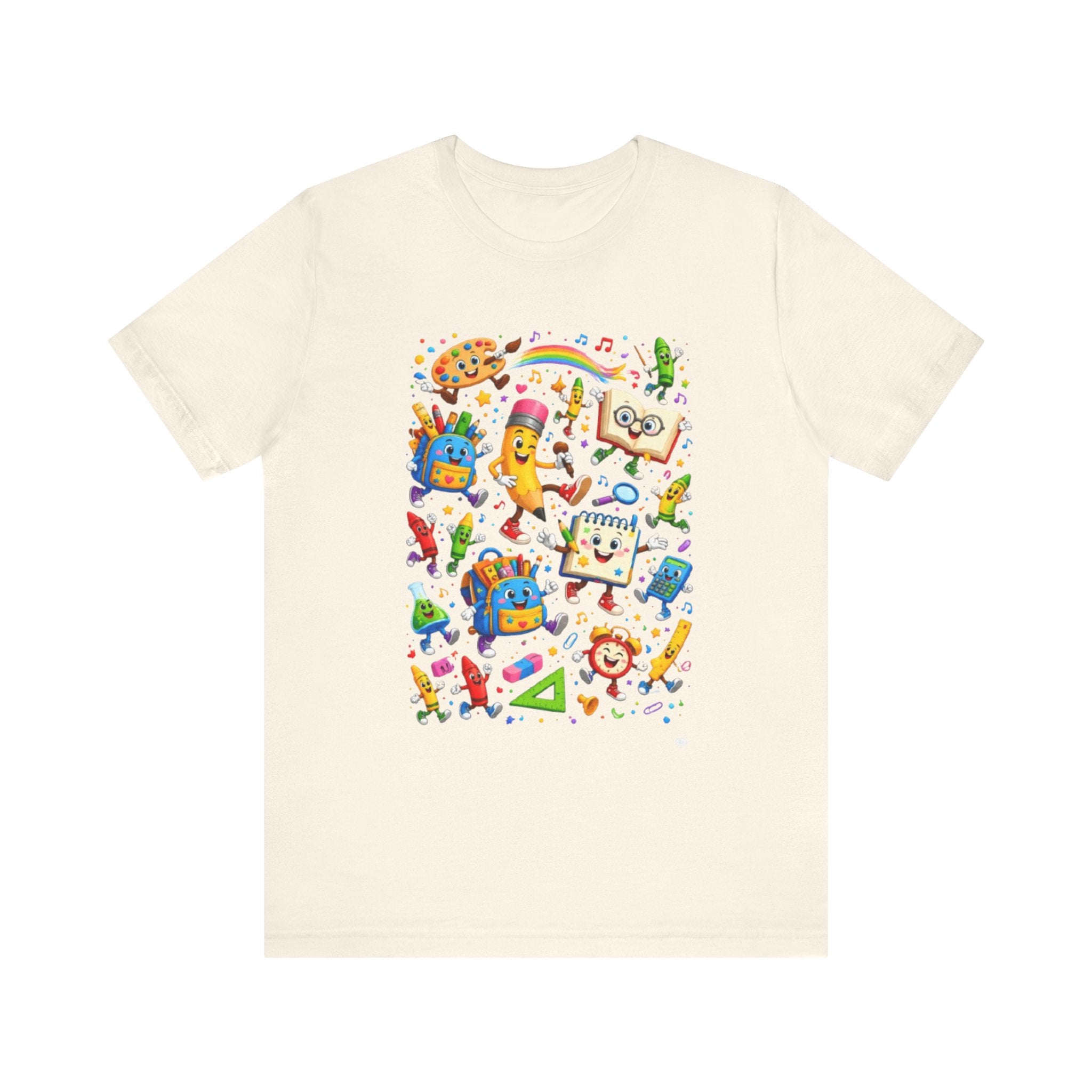 Colorful School Supplies Pattern Tee | Cute Backpack Pencil Ruler Design