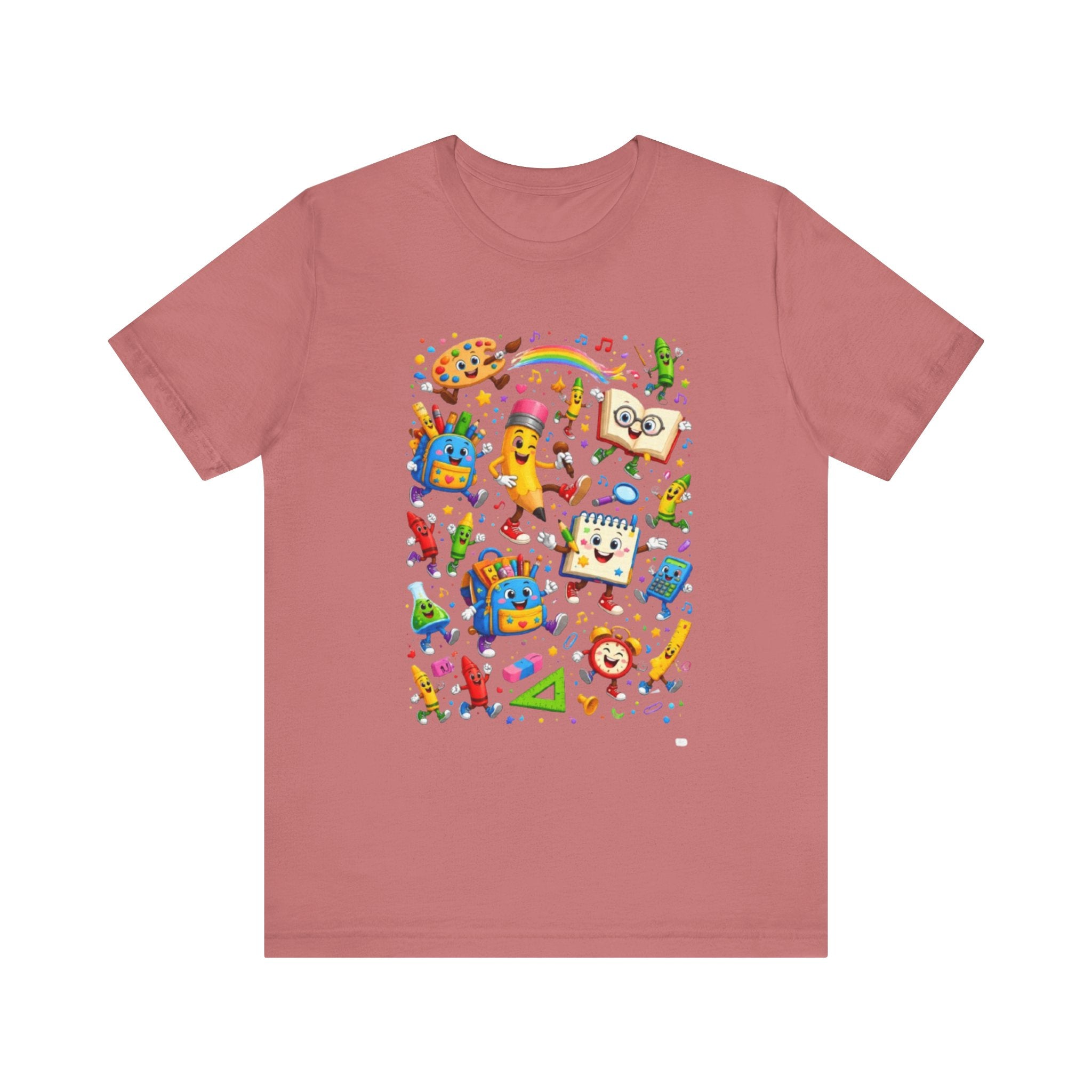 Colorful School Supplies Pattern Tee | Cute Backpack Pencil Ruler Design