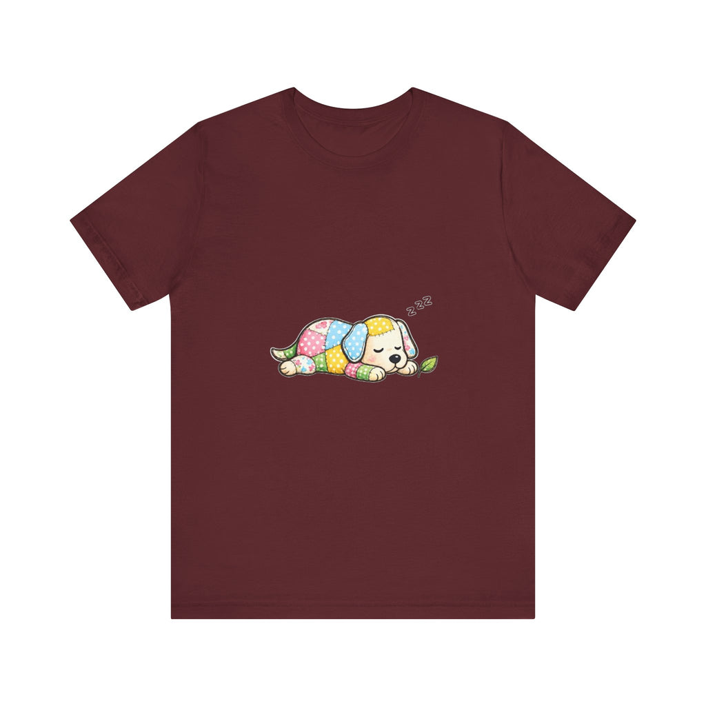 Patchwork Puppy Sleeping Tee | Cute Dog Illustration, Pastel Patchwork