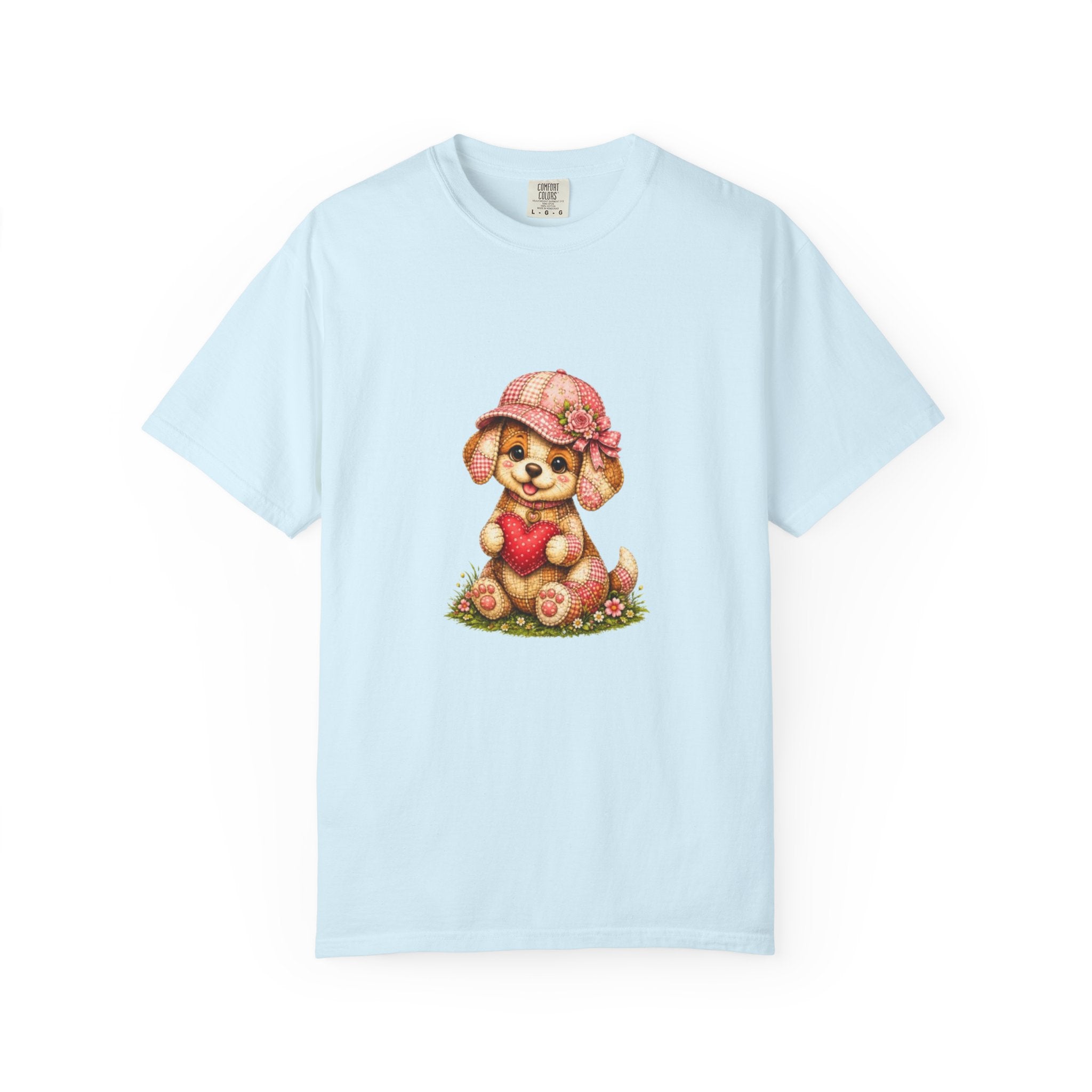Cute Puppy Holding Heart T-shirt | Floral Hat Valentine Design