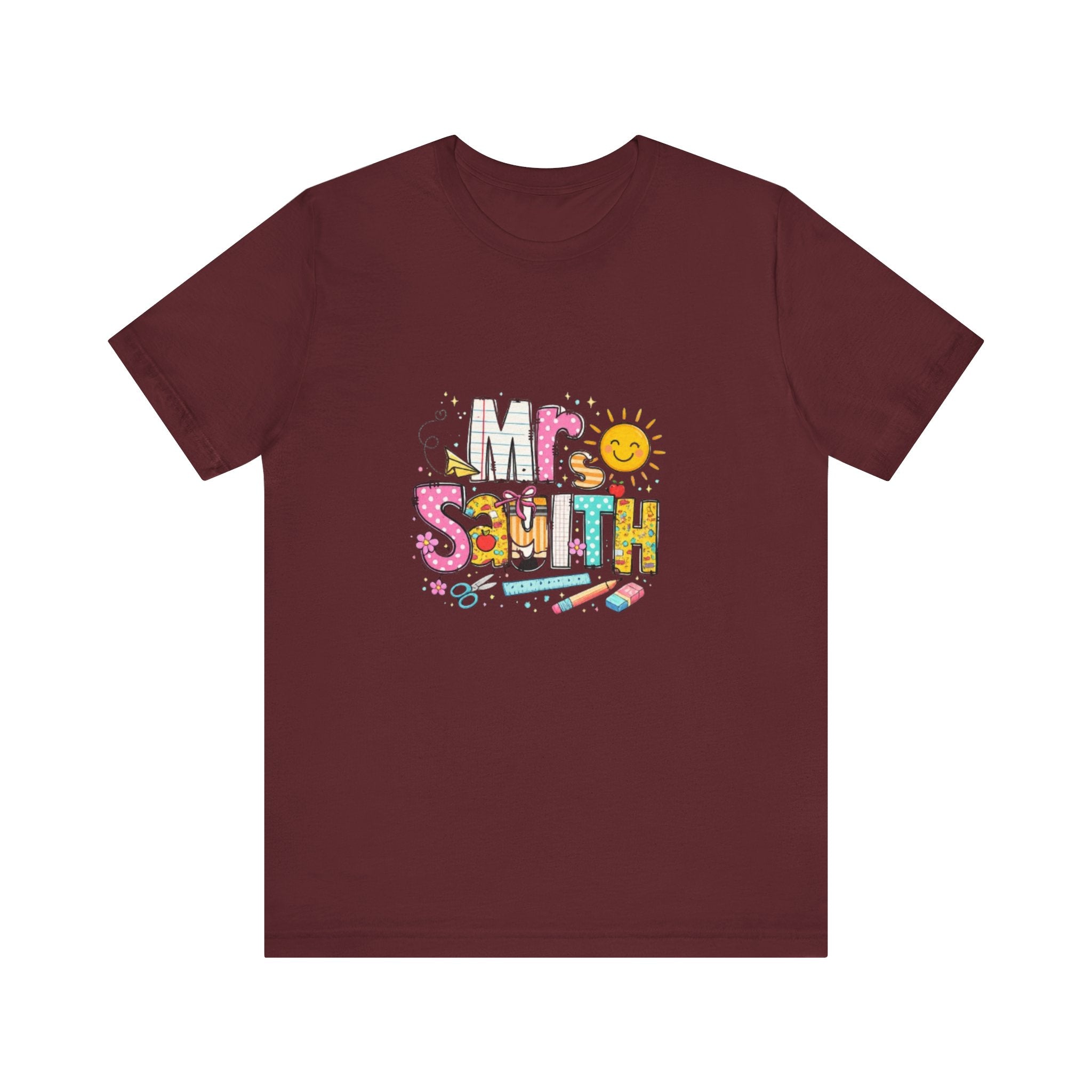 Mrs Smith name graphic Tee | colorful school supplies illustration