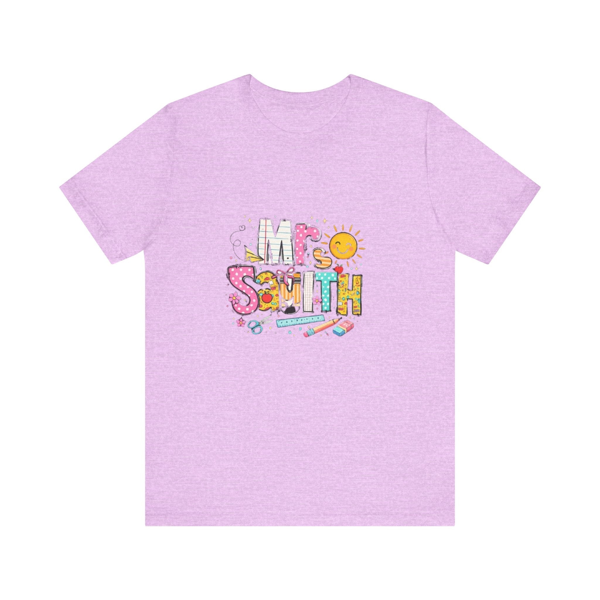 Mrs Smith name graphic Tee | colorful school supplies illustration