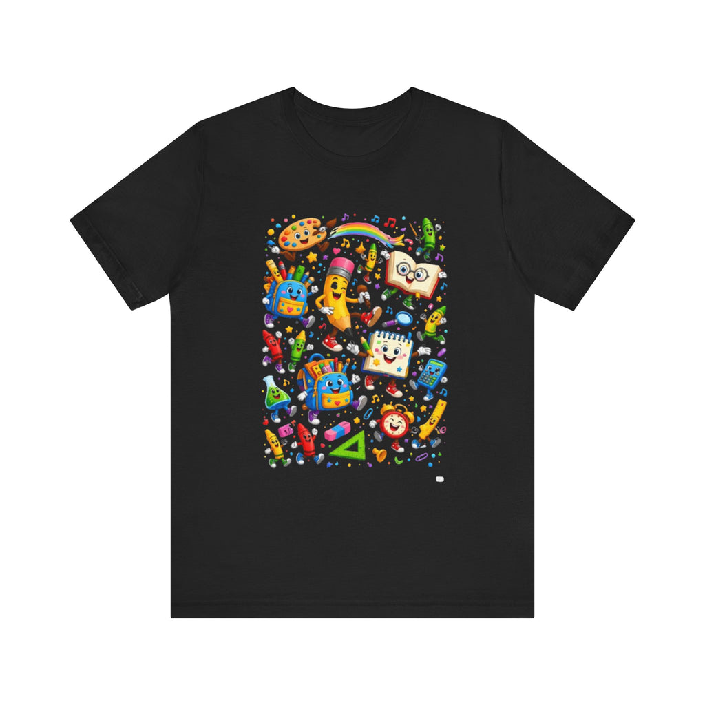 Colorful School Supplies Pattern Tee | Cute Backpack Pencil Ruler Design
