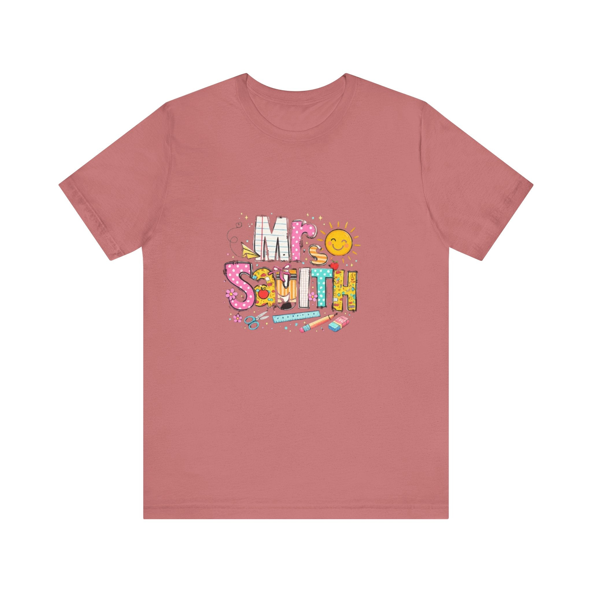 Mrs Smith name graphic Tee | colorful school supplies illustration