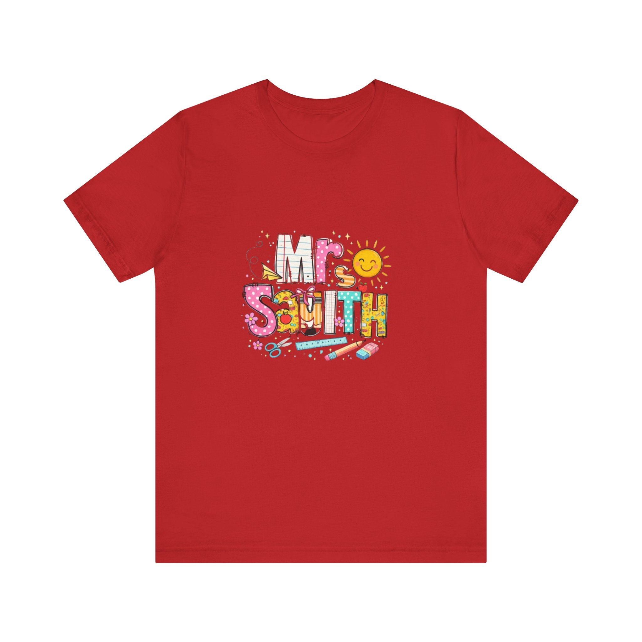 Mrs Smith name graphic Tee | colorful school supplies illustration