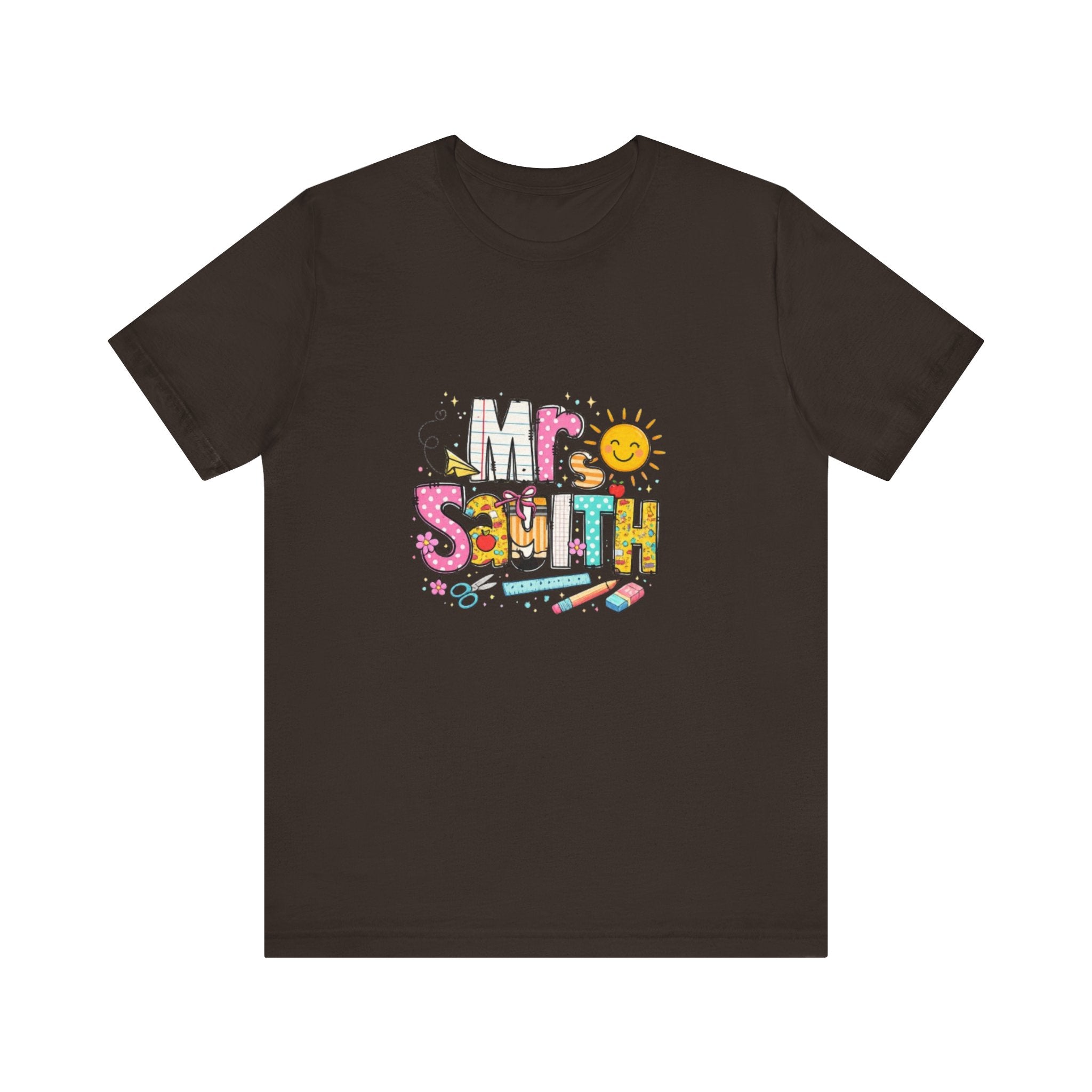 Mrs Smith name graphic Tee | colorful school supplies illustration