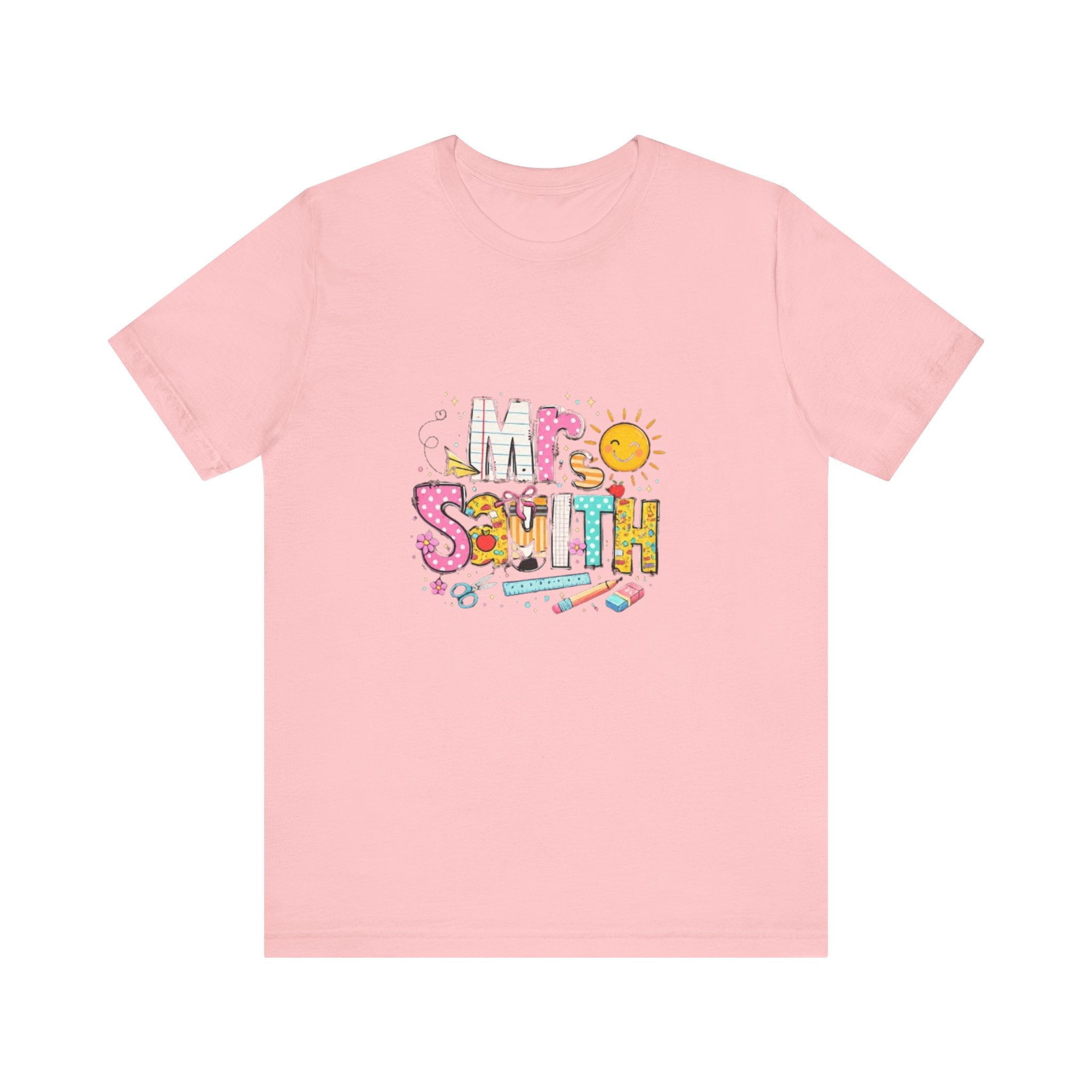 Mrs Smith name graphic Tee | colorful school supplies illustration