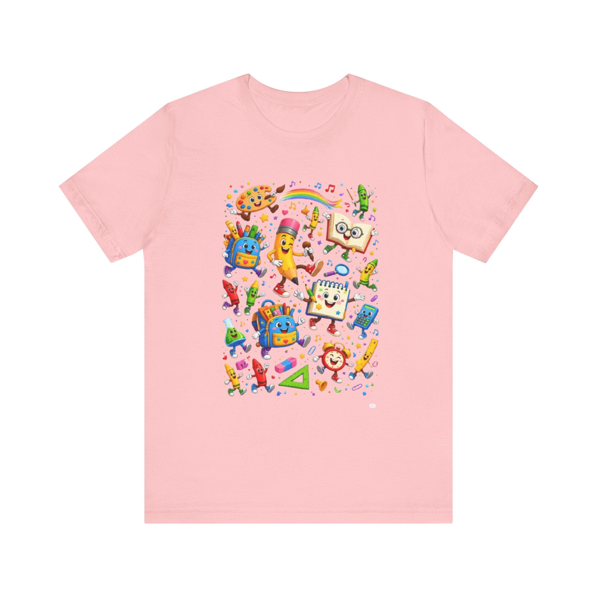 Colorful School Supplies Pattern Tee | Cute Backpack Pencil Ruler Design