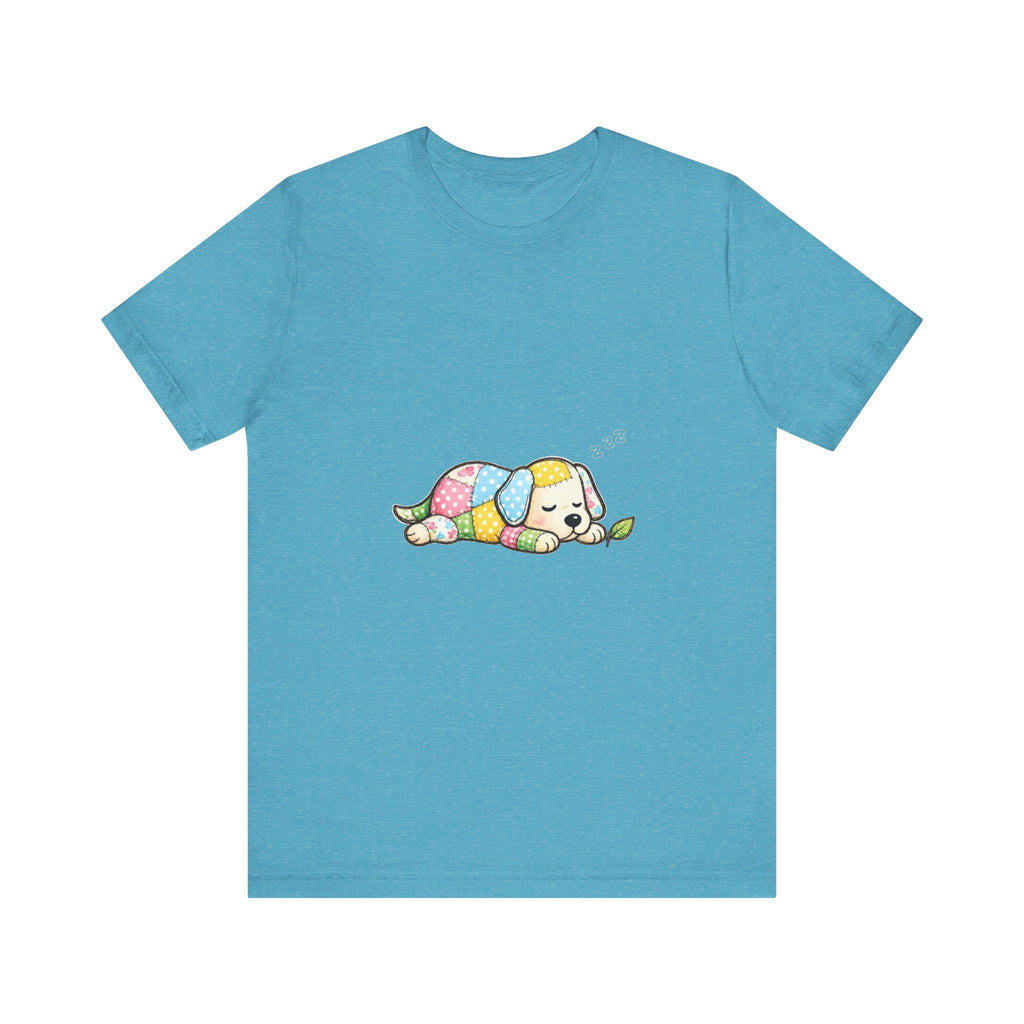 Patchwork Puppy Sleeping Tee | Cute Dog Illustration, Pastel Patchwork