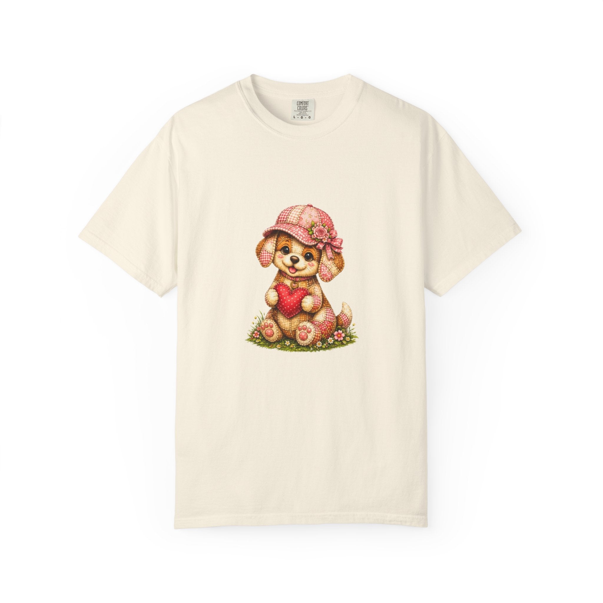 Cute Puppy Holding Heart T-shirt | Floral Hat Valentine Design