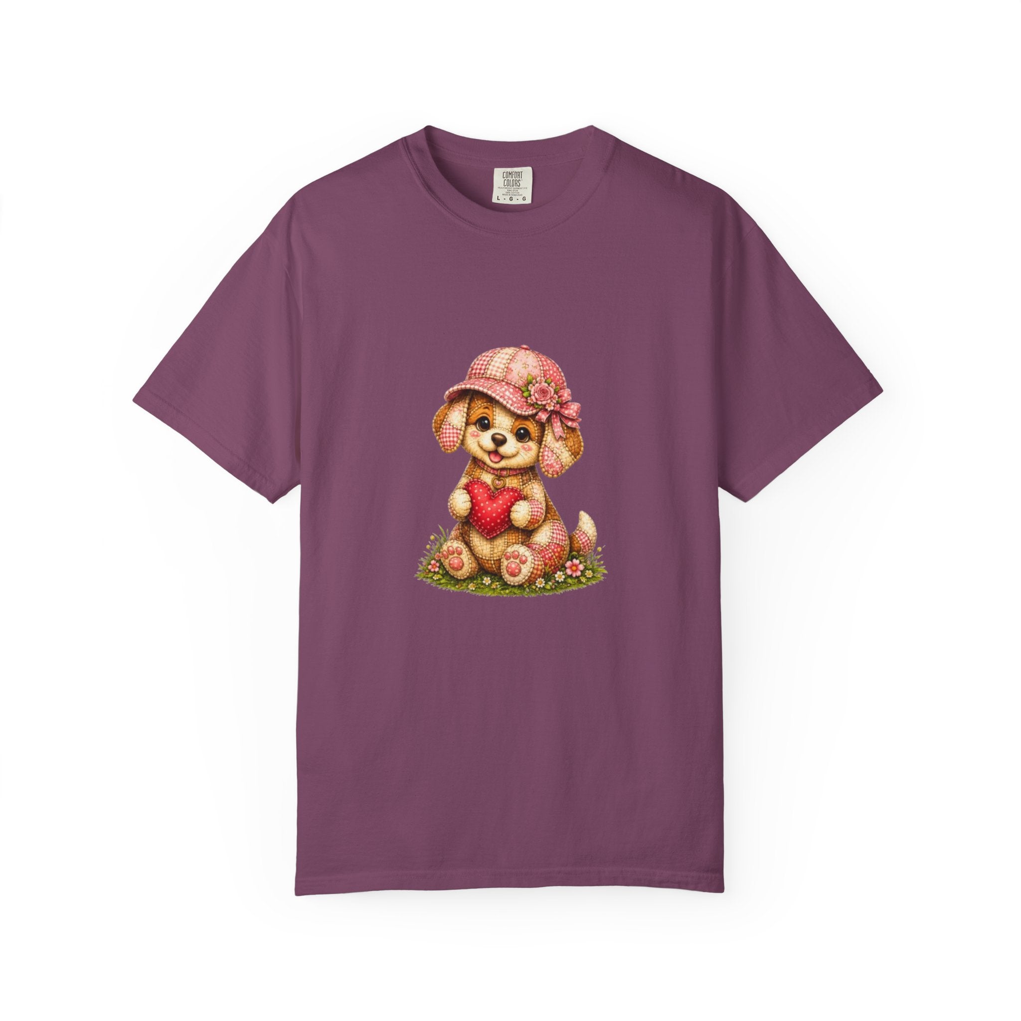 Cute Puppy Holding Heart T-shirt | Floral Hat Valentine Design