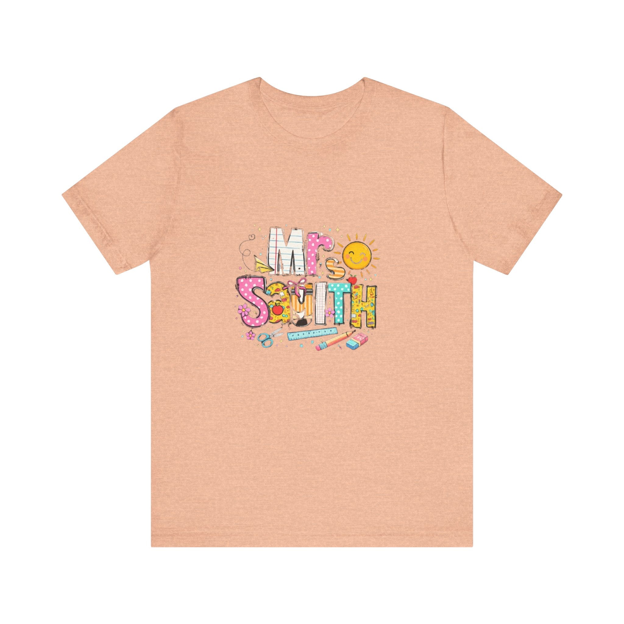 Mrs Smith name graphic Tee | colorful school supplies illustration