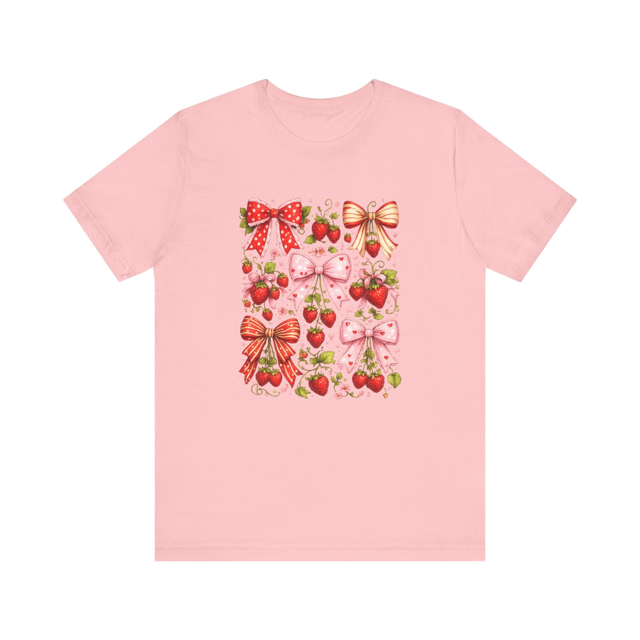 Strawberry Bow Pattern Tee | Cute Fruit and Ribbon Illustration