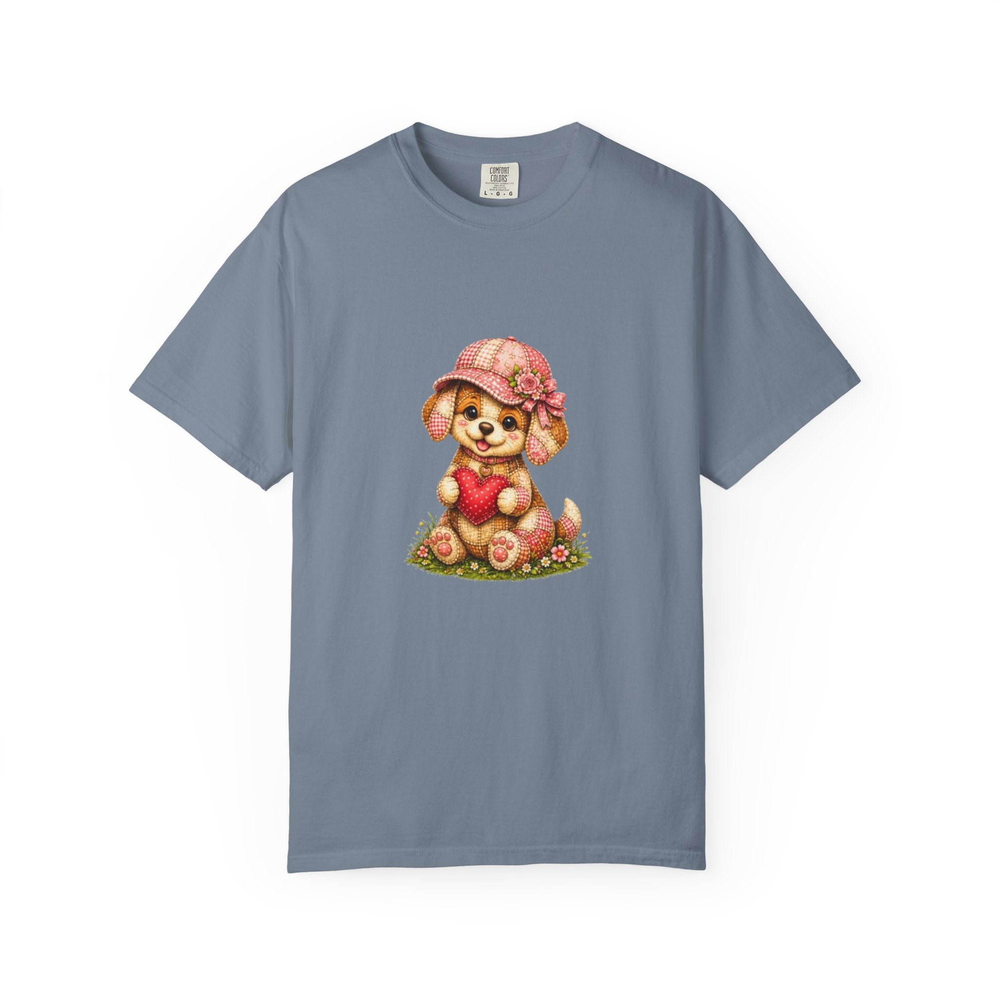 Cute Puppy Holding Heart T-shirt | Floral Hat Valentine Design