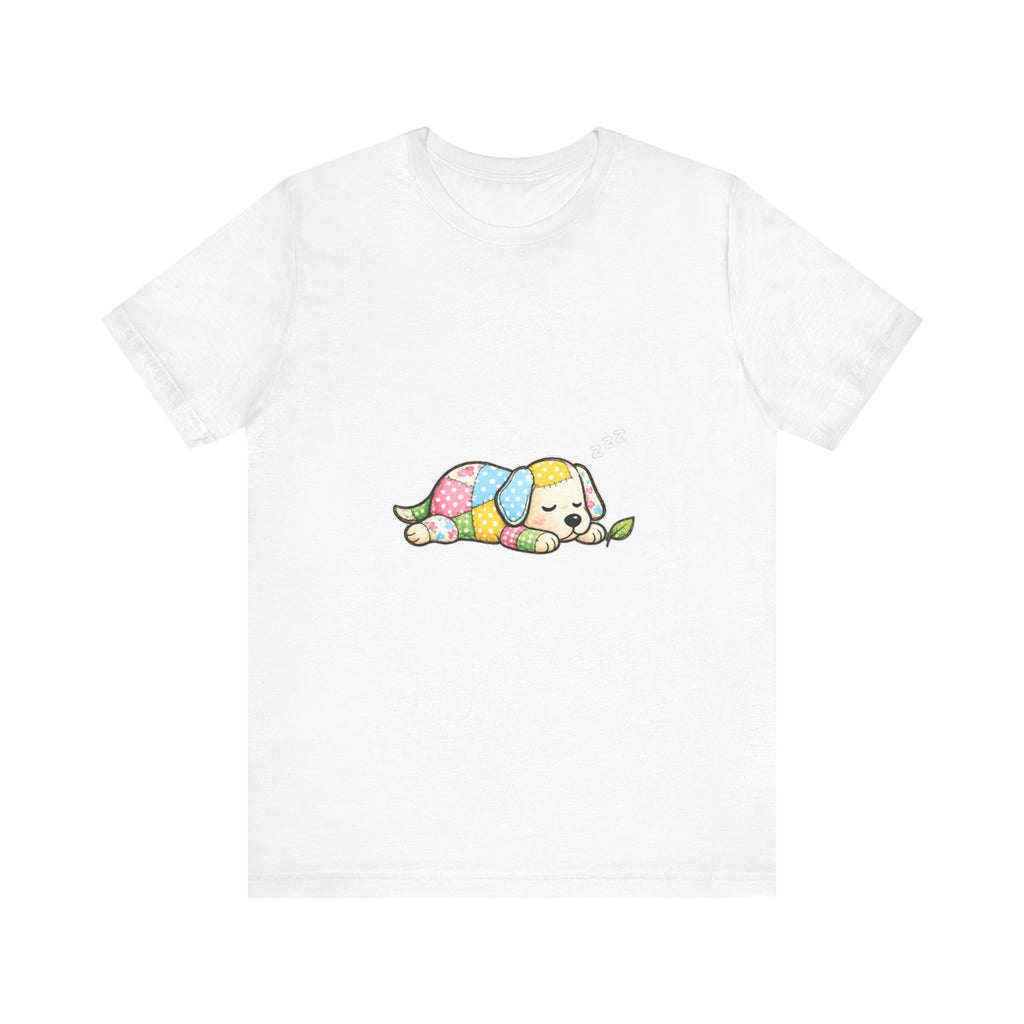 Patchwork Puppy Sleeping Tee | Cute Dog Illustration, Pastel Patchwork