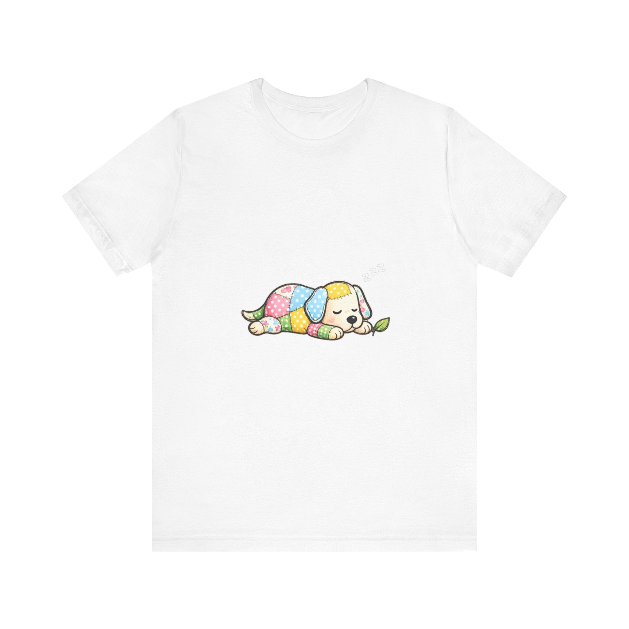 Patchwork Puppy Sleeping Tee | Cute Dog Illustration, Pastel Patchwork