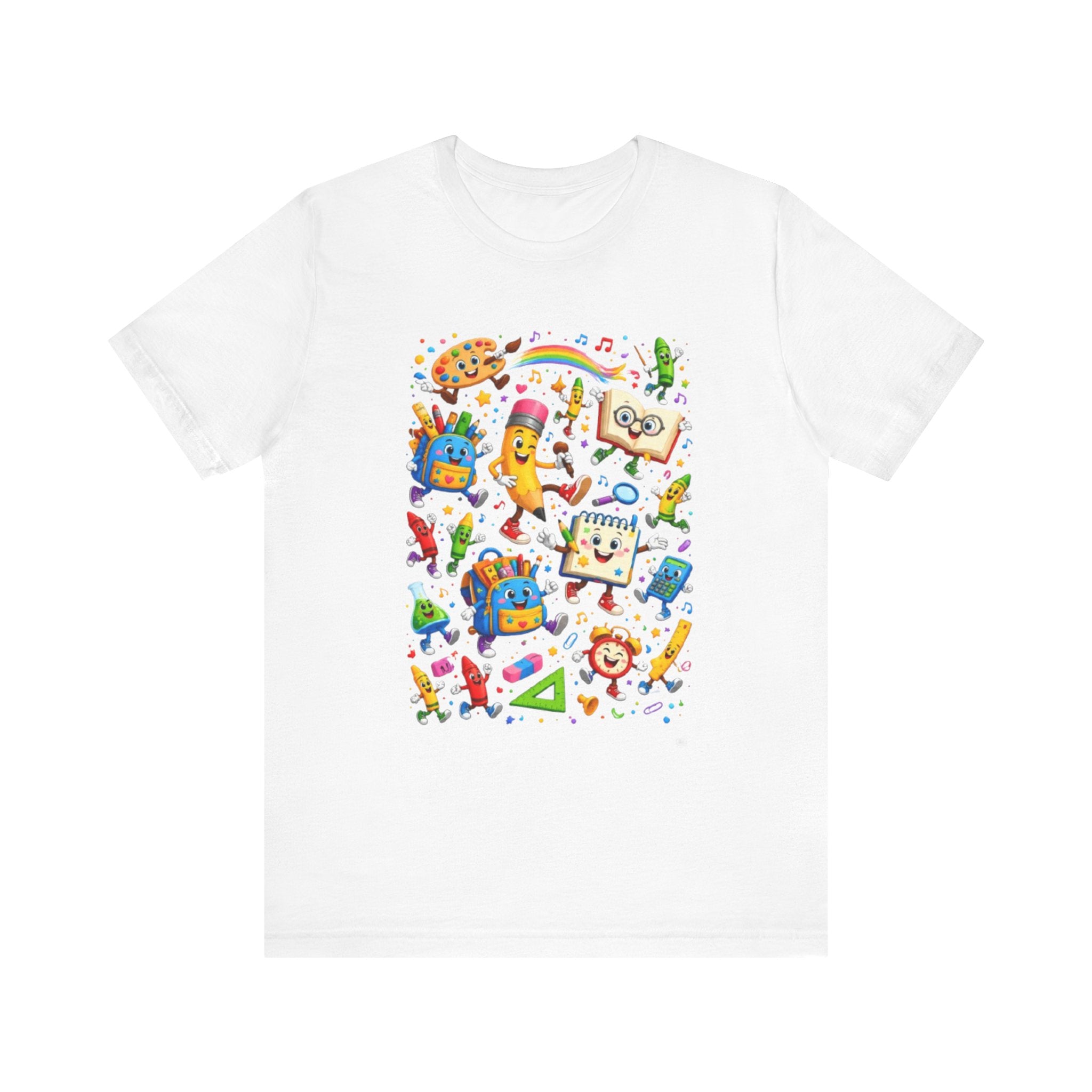 Colorful School Supplies Pattern Tee | Cute Backpack Pencil Ruler Design