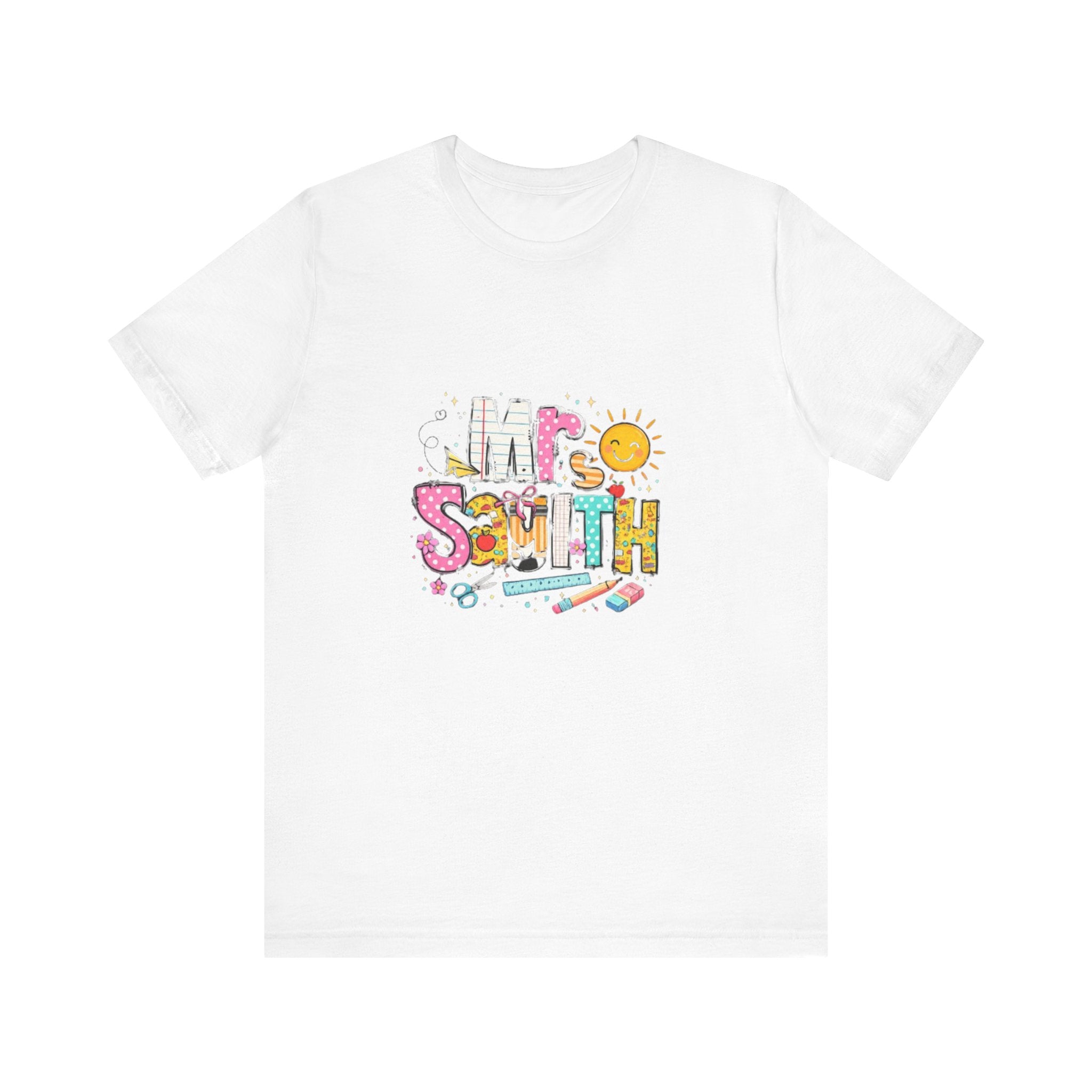 Mrs Smith name graphic Tee | colorful school supplies illustration