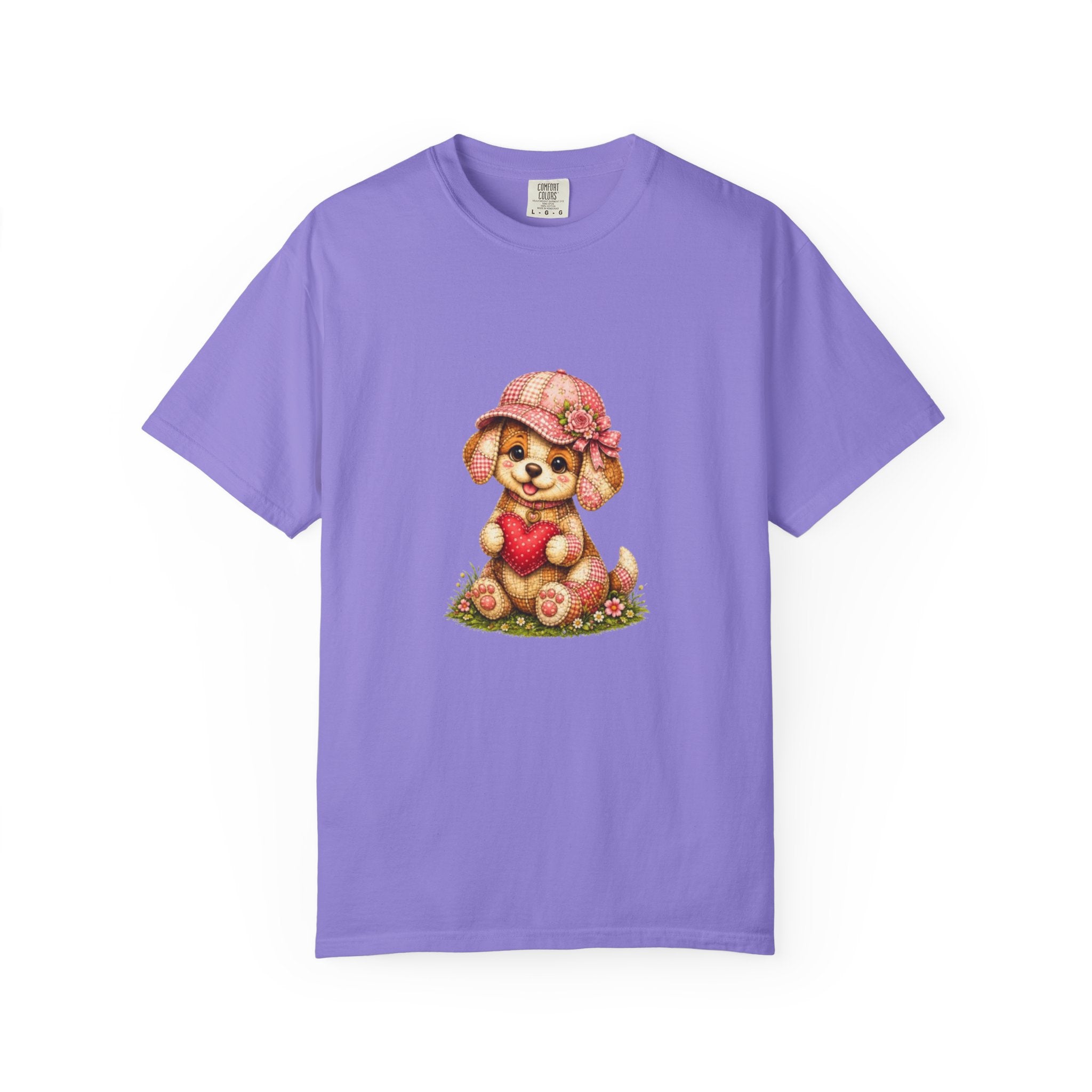 Cute Puppy Holding Heart T-shirt | Floral Hat Valentine Design