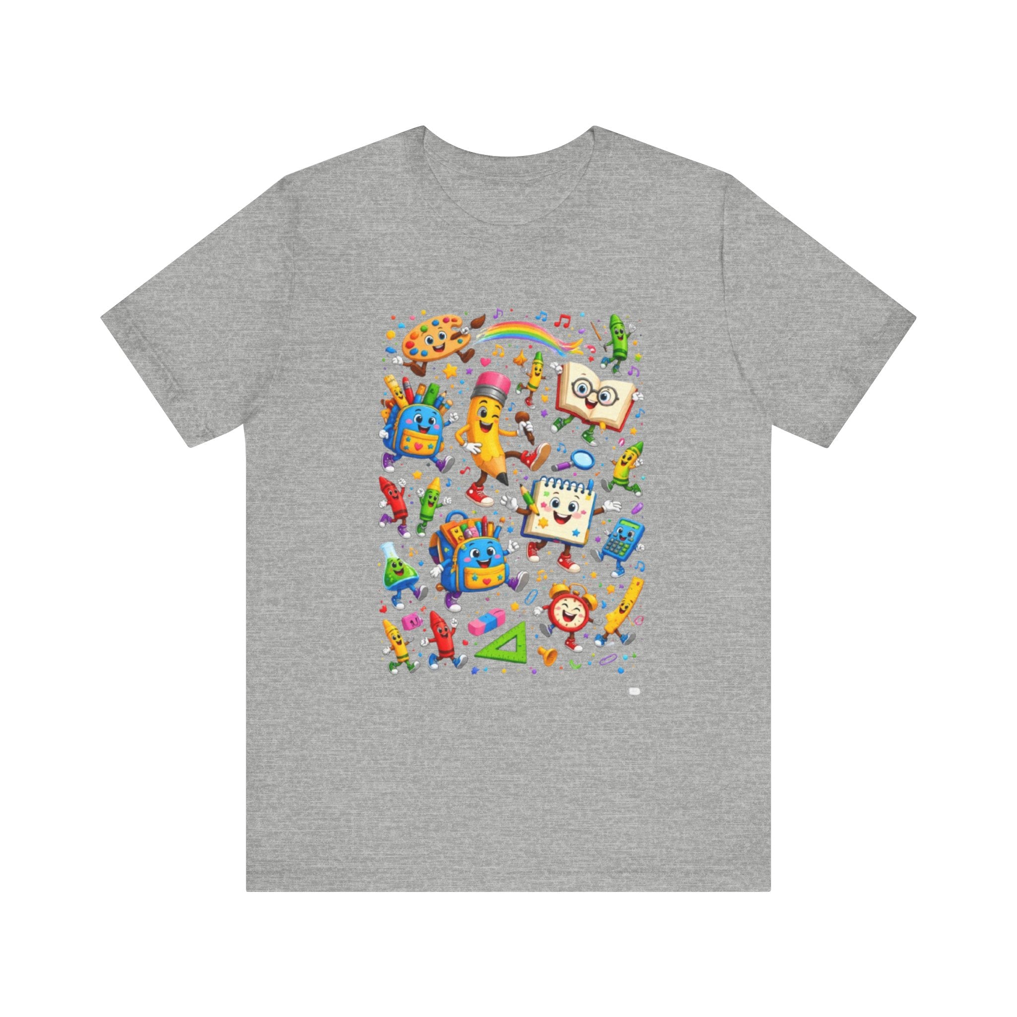 Colorful School Supplies Pattern Tee | Cute Backpack Pencil Ruler Design