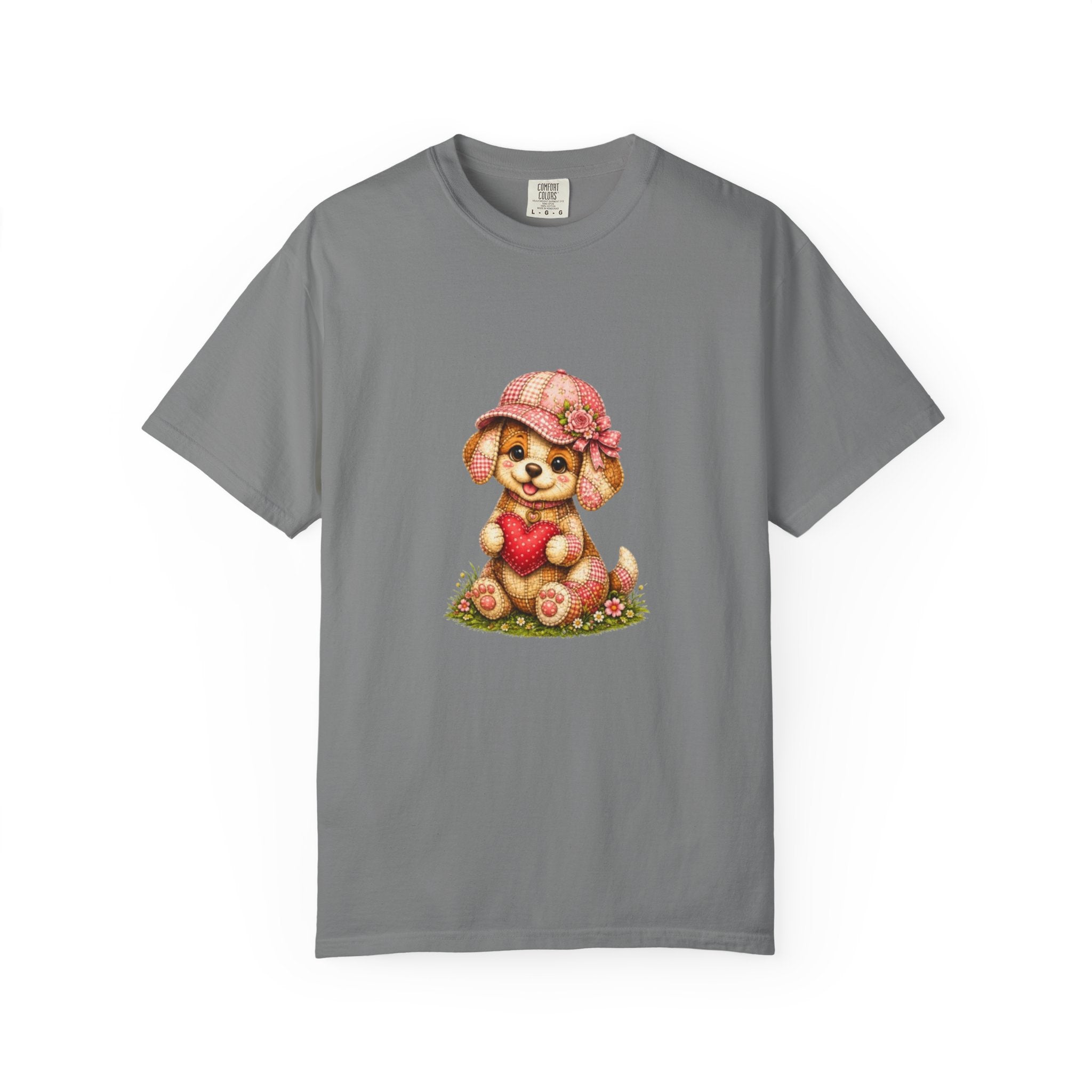 Cute Puppy Holding Heart T-shirt | Floral Hat Valentine Design