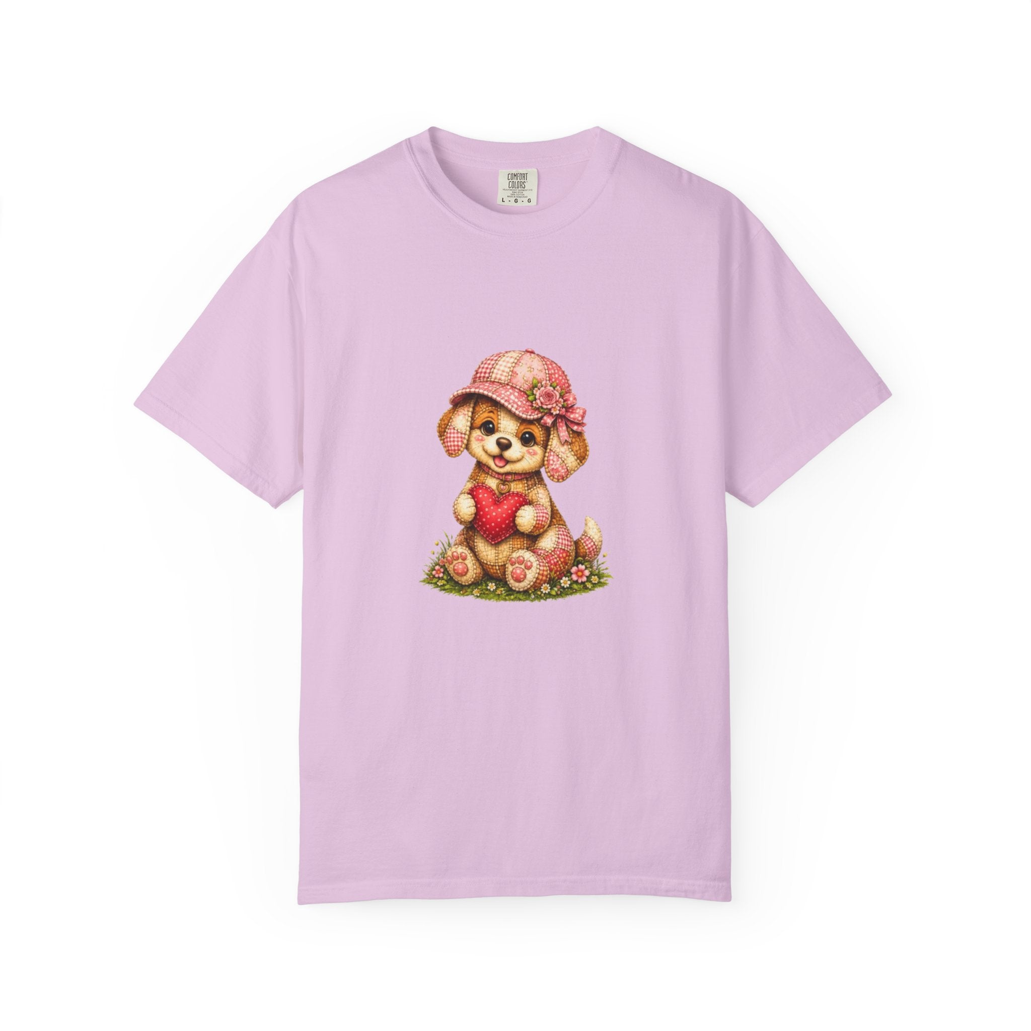 Cute Puppy Holding Heart T-shirt | Floral Hat Valentine Design