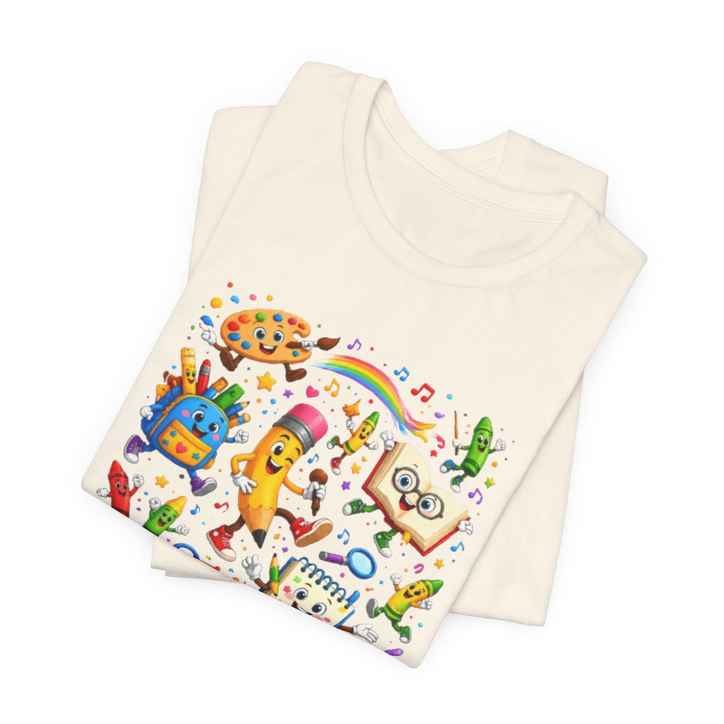 Colorful School Supplies Pattern Tee | Cute Backpack Pencil Ruler Design