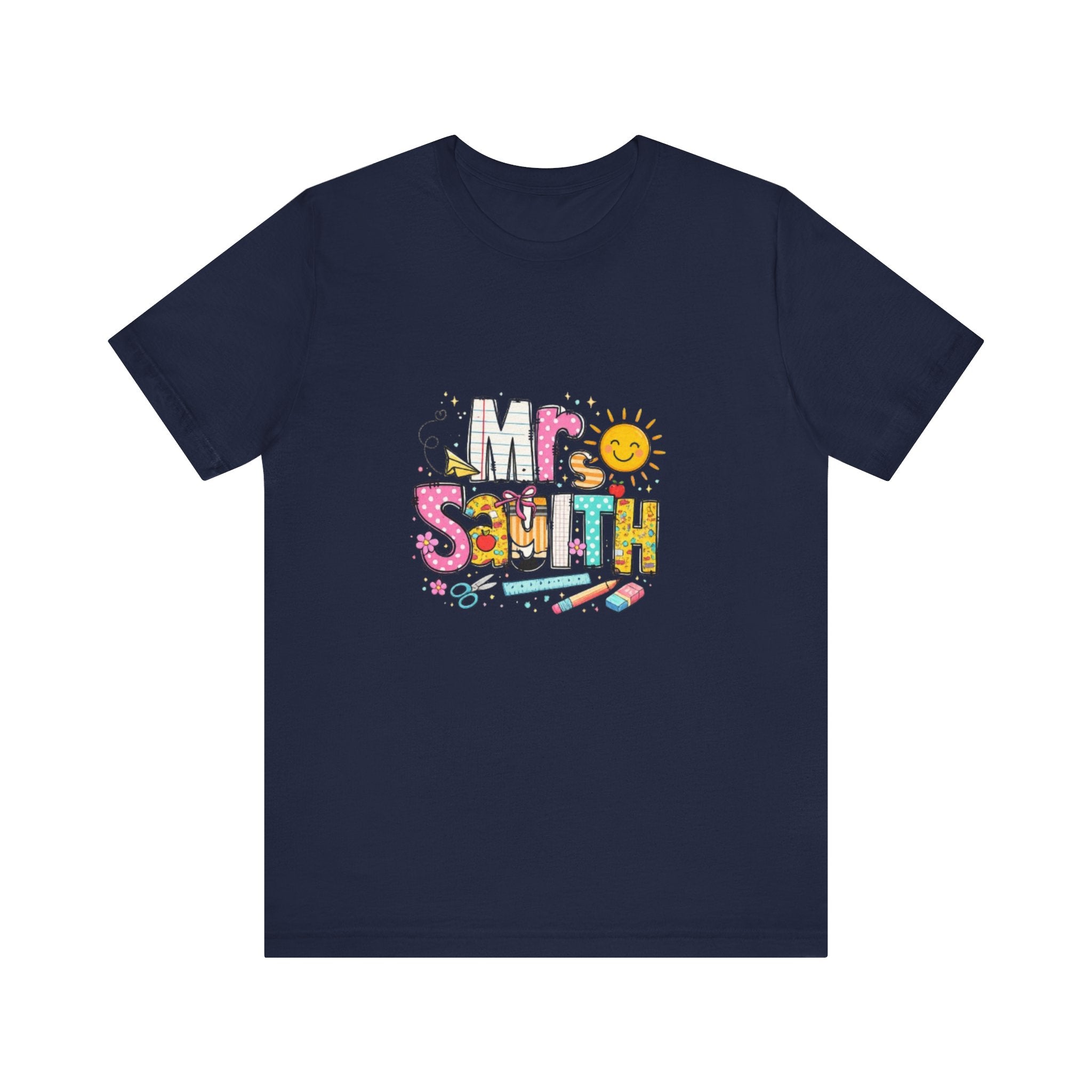 Mrs Smith name graphic Tee | colorful school supplies illustration