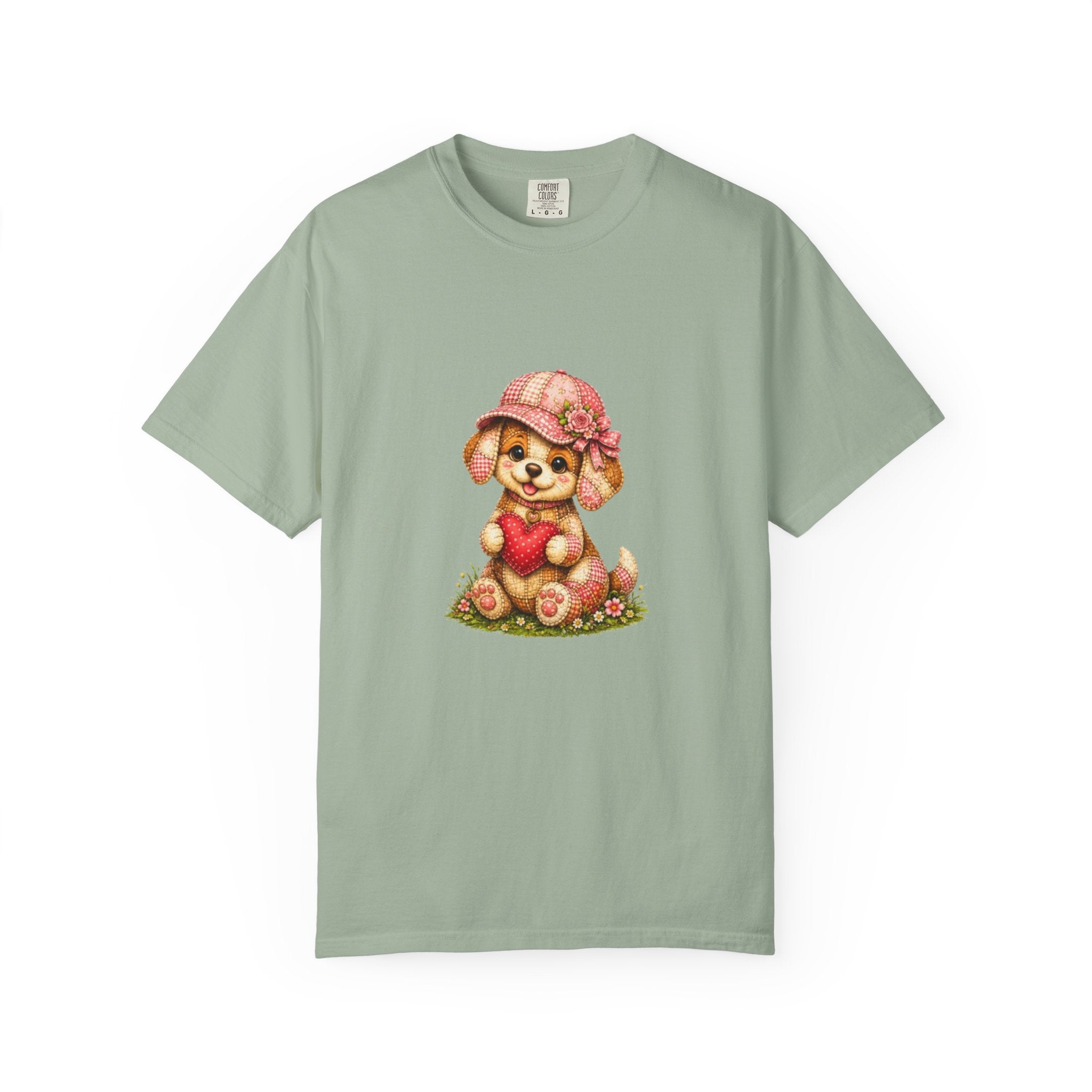 Cute Puppy Holding Heart T-shirt | Floral Hat Valentine Design