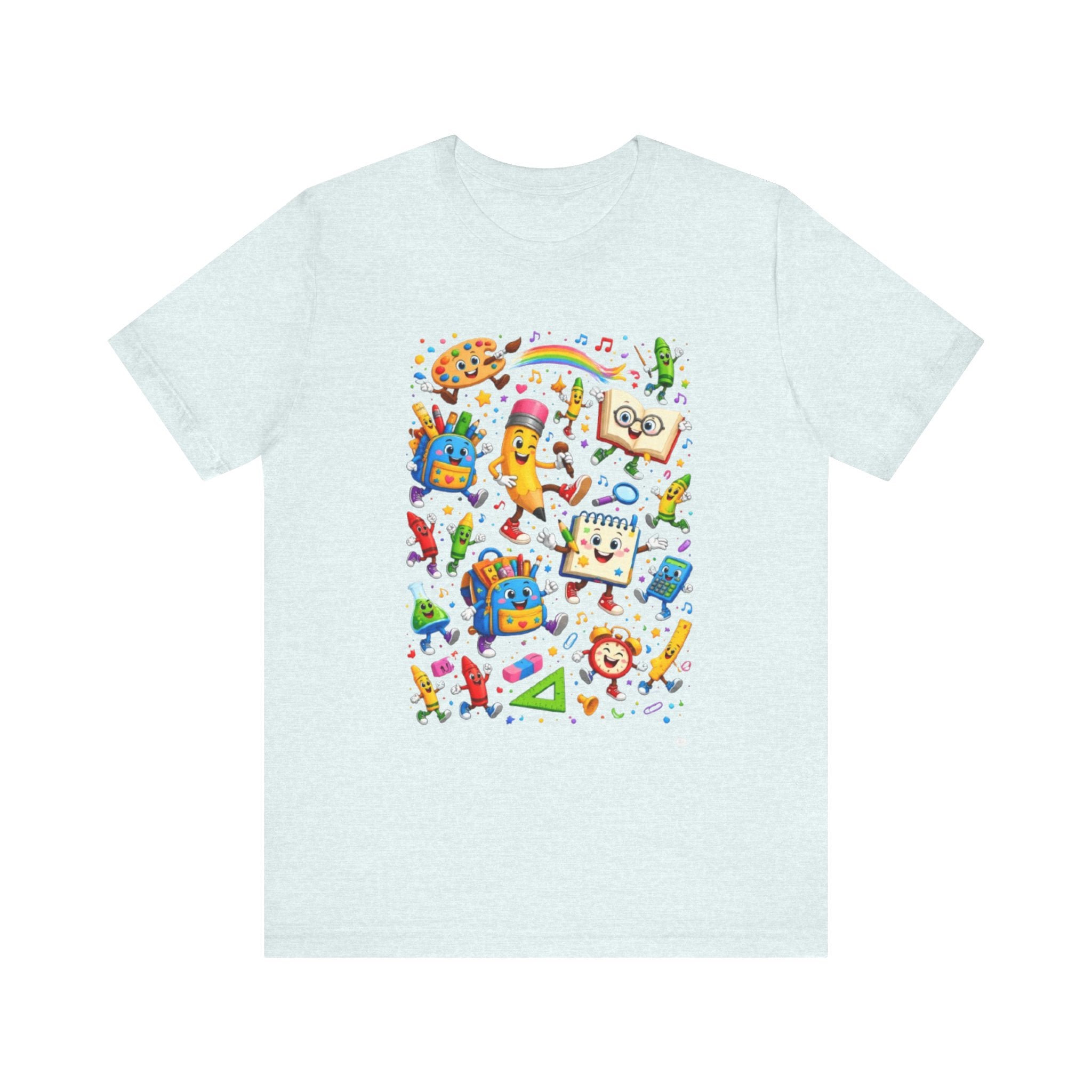 Colorful School Supplies Pattern Tee | Cute Backpack Pencil Ruler Design