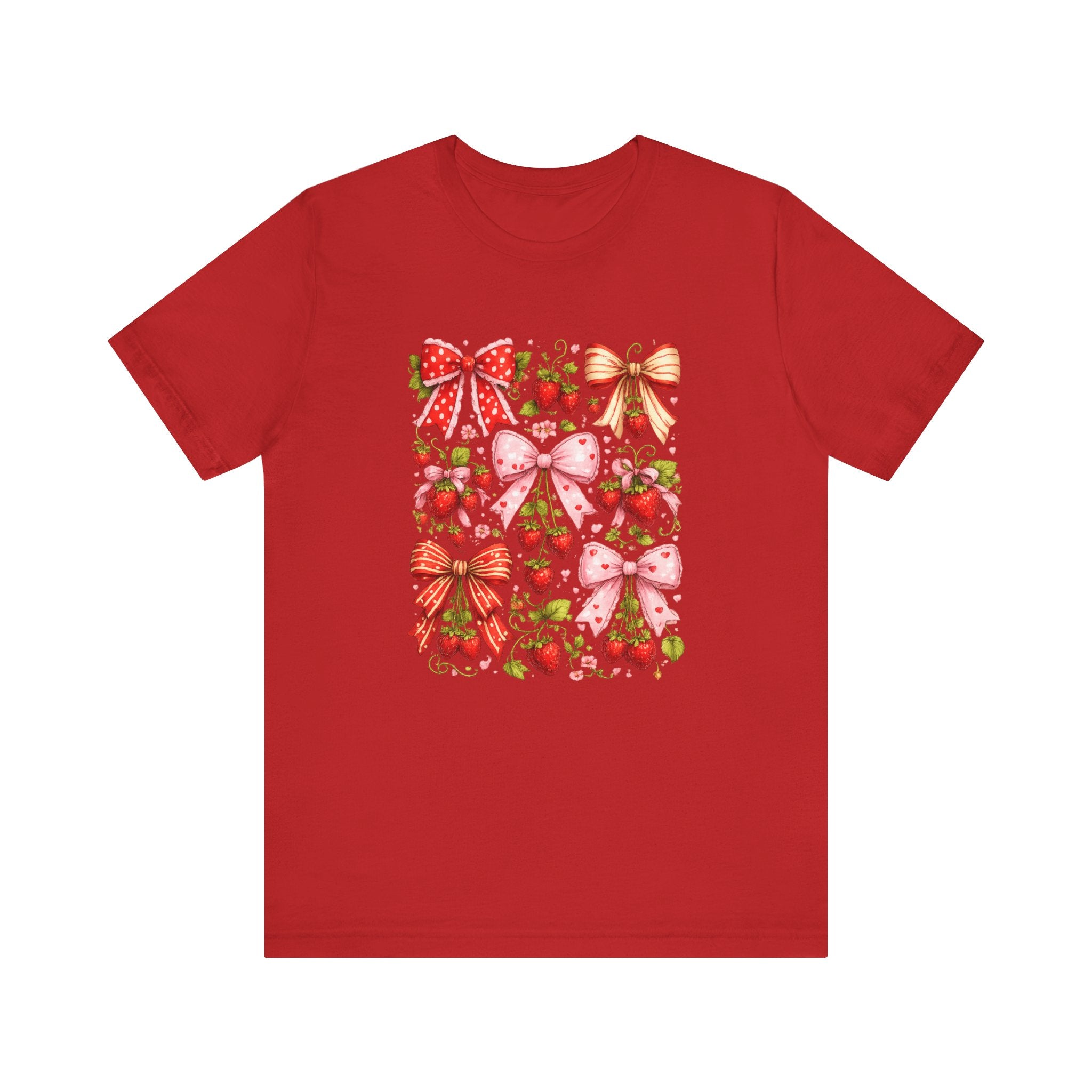 Strawberry Bow Pattern Tee | Cute Fruit and Ribbon Illustration