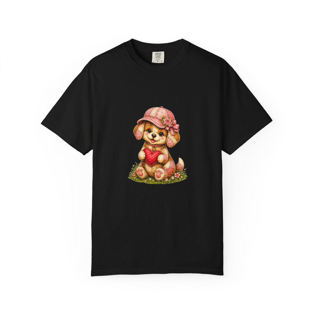 Cute Puppy Holding Heart T-shirt | Floral Hat Valentine Design
