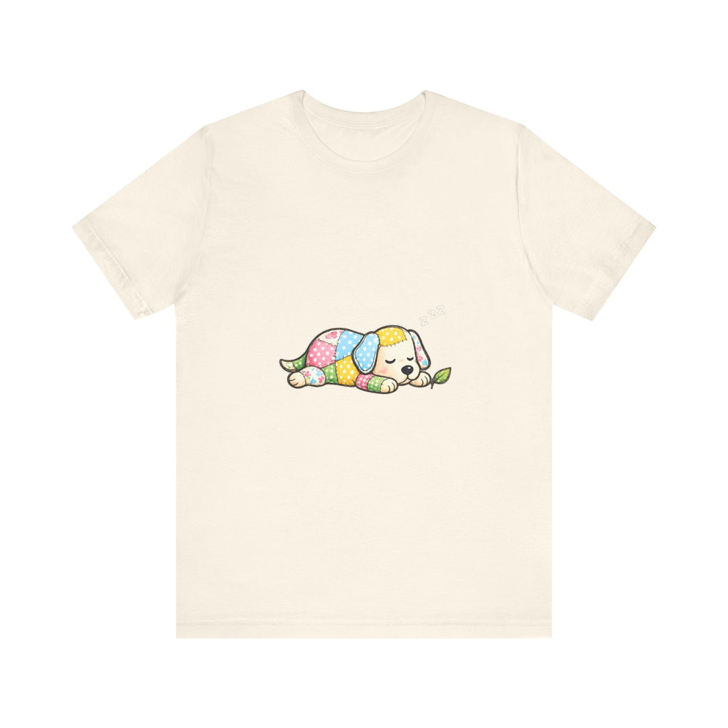 Patchwork Puppy Sleeping Tee | Cute Dog Illustration, Pastel Patchwork